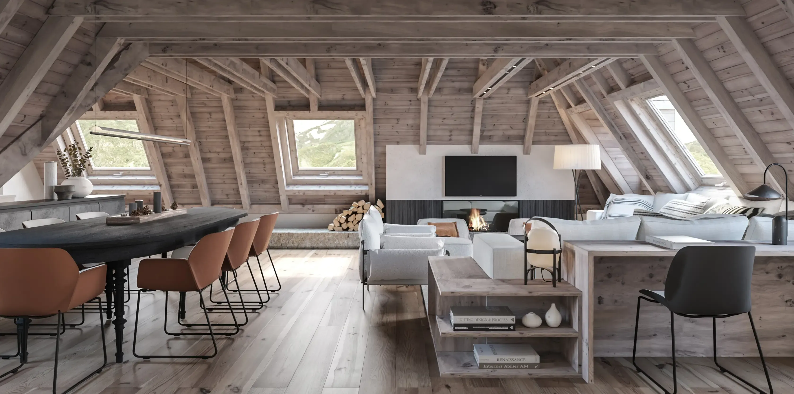 Open-plan chalet interior with dining and living areas under vaulted wood ceilings by Luv studio.