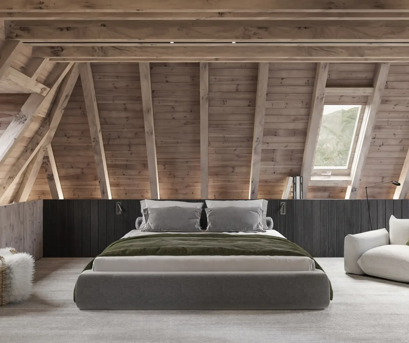 Minimalist attic bedroom with wood beams and plush seating, expressing Luv studio’s signature luxury style.
