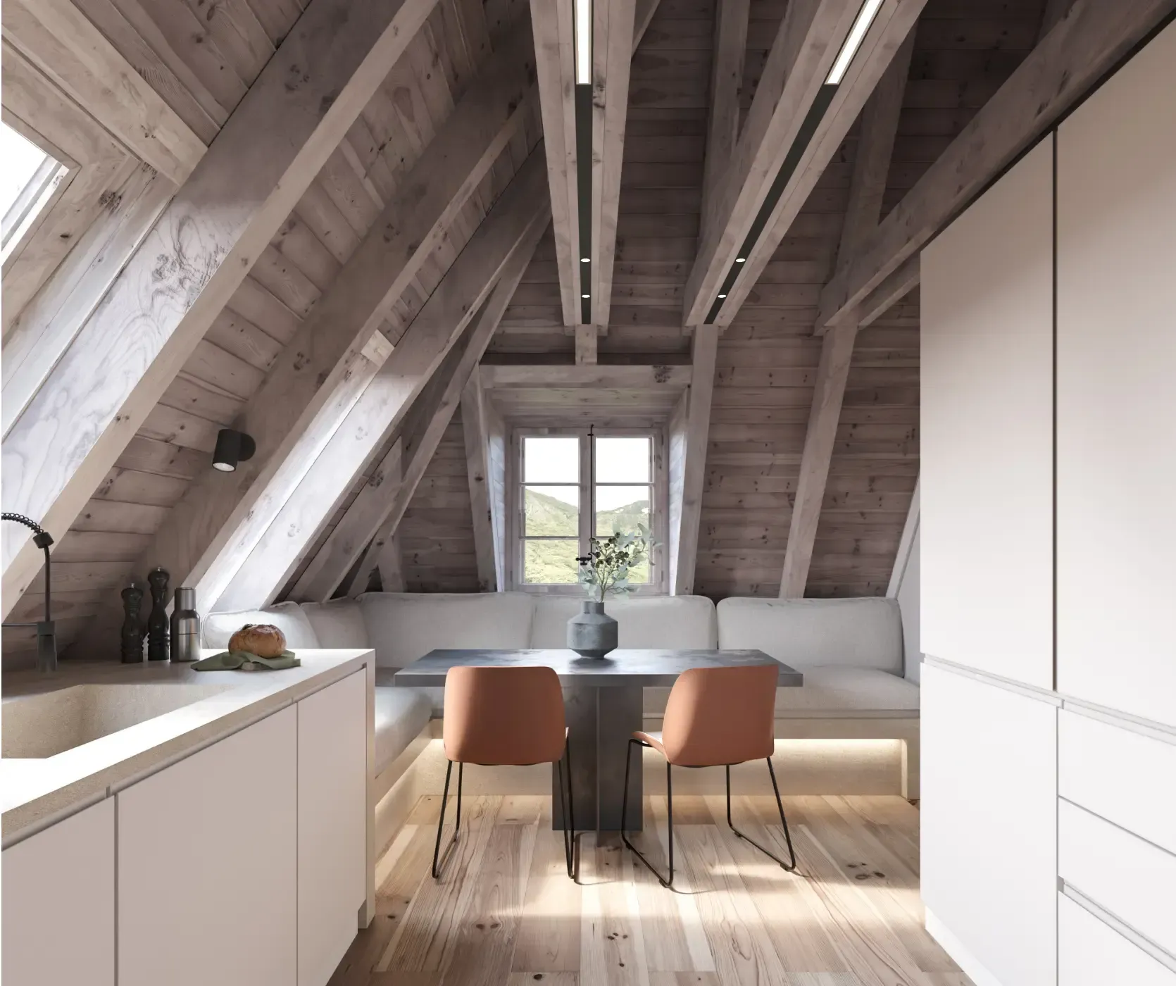 Cozy dining nook in a wood-clad attic kitchen by Luv studio, blending luxury architecture with natural materials.