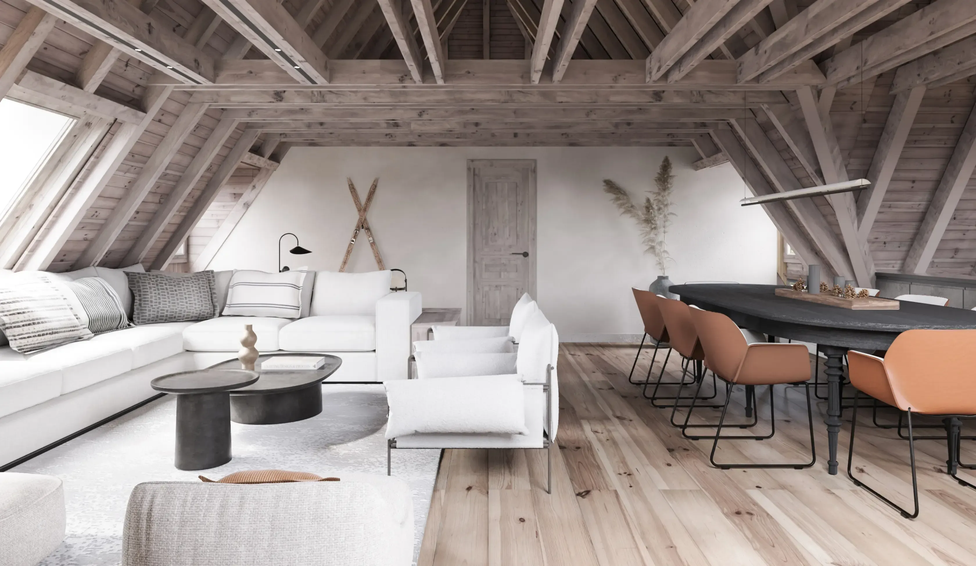 Stylish mountain retreat with soft-toned furniture and exposed timber beams, designed by Luv studio.