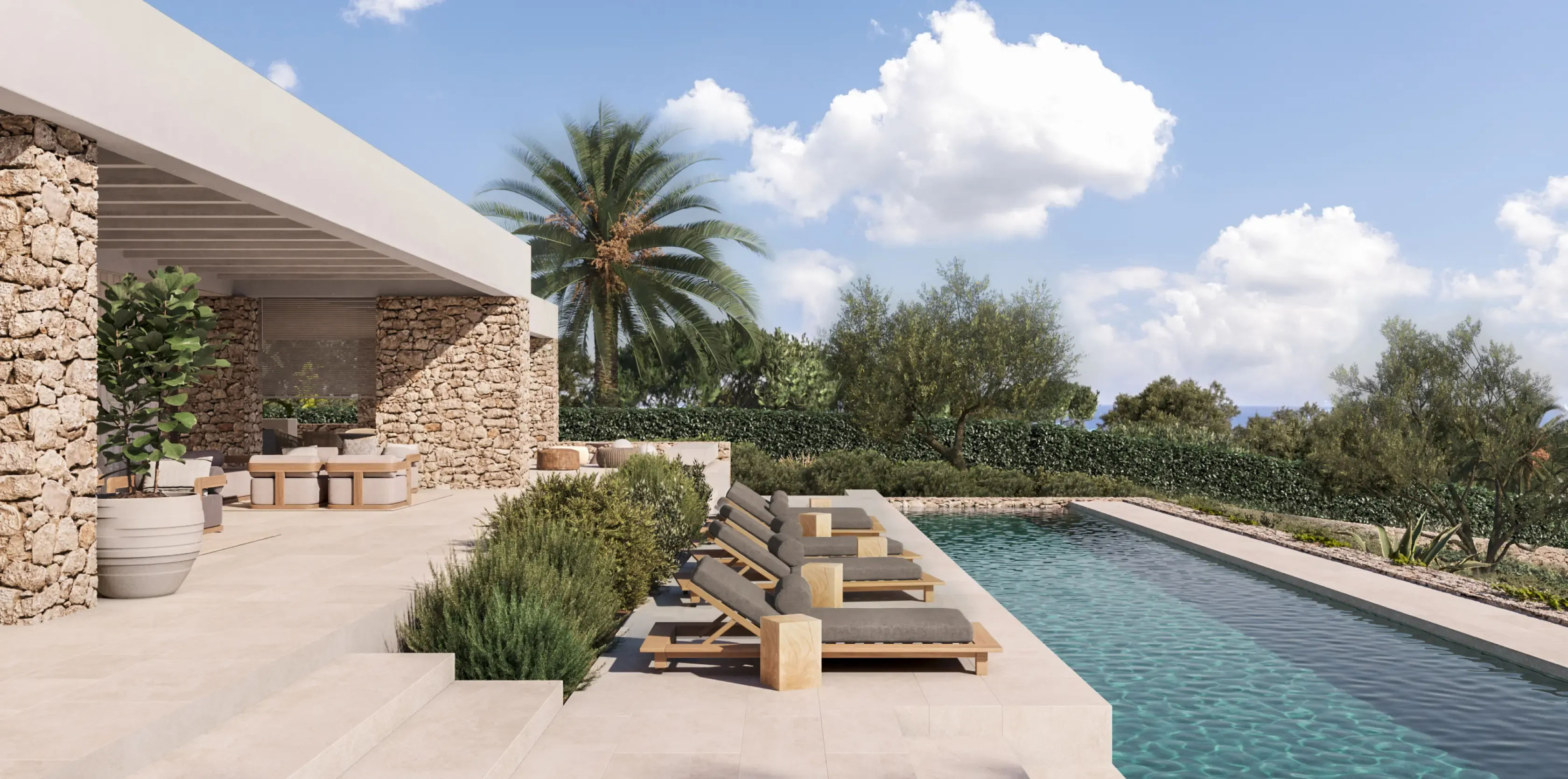 Luxury poolside terrace with panoramic views and modern architecture.