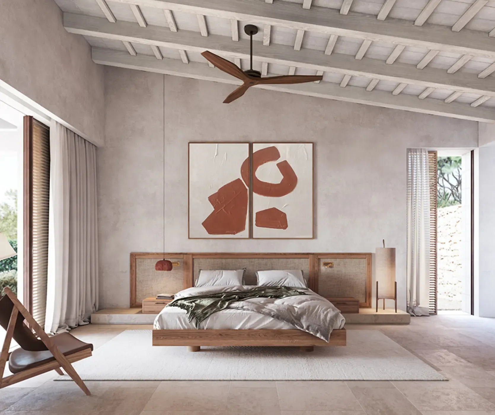 Refined bedroom with neutral palette and natural textures.