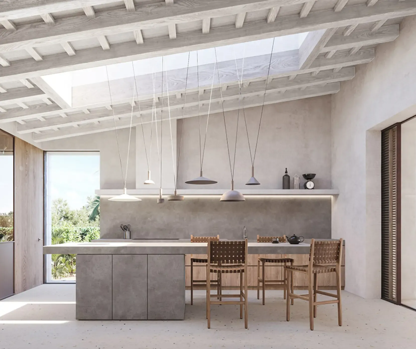 Open-plan kitchen featuring marble island and custom cabinetry.