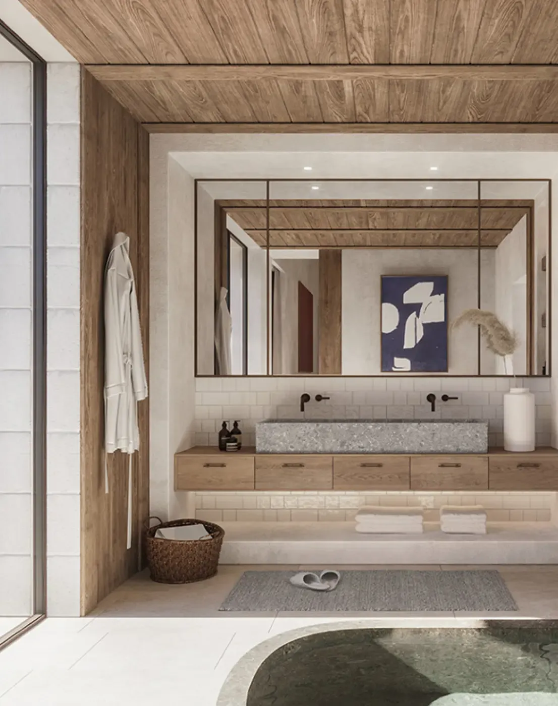 Elegant bathroom design with stone finishes and walk-in shower.