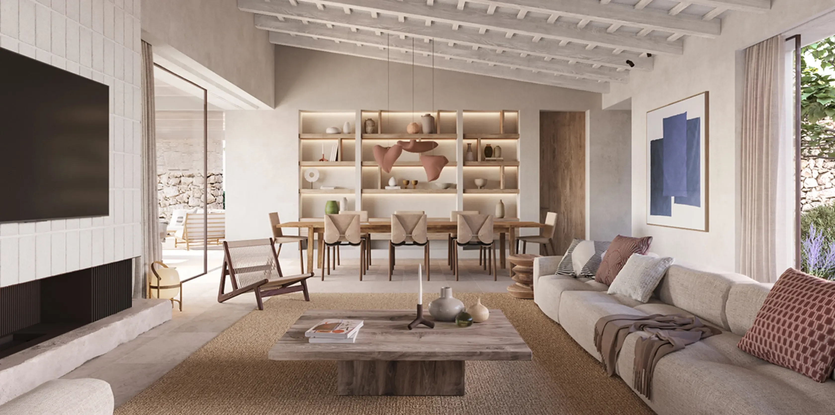 Interior view of the living area with sleek furniture and large windows.