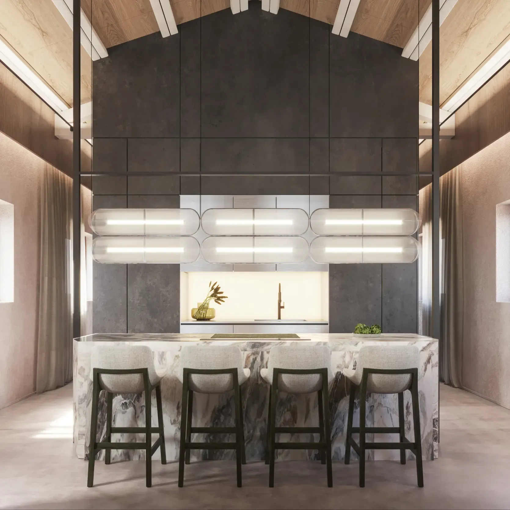Sculptural marble kitchen island under warm light fixtures, showcasing Luv studio’s modern architecture.