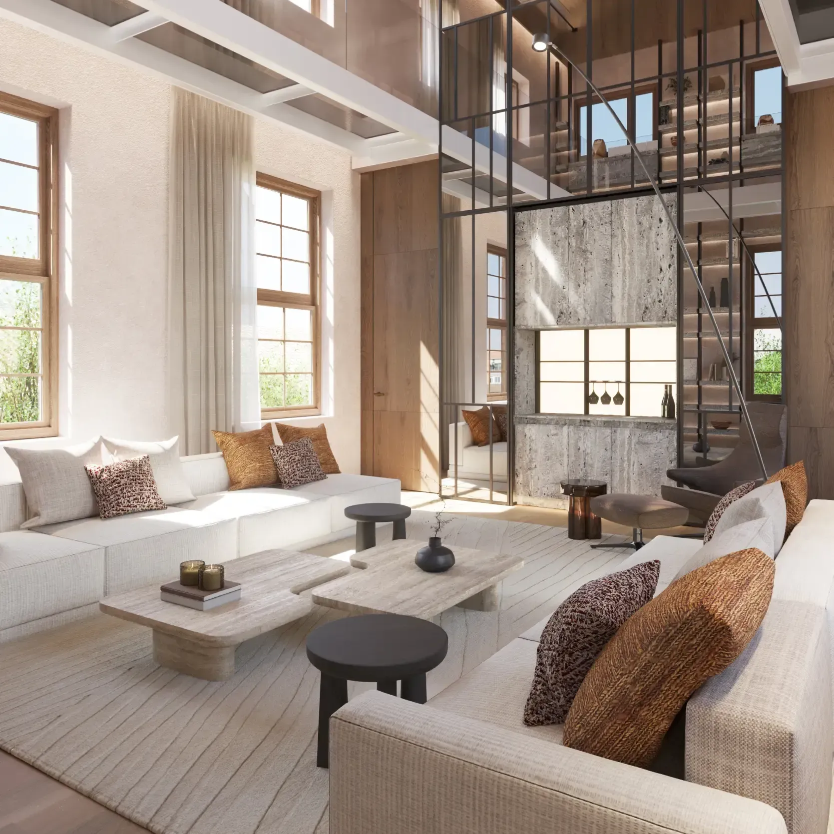 Lounge with natural light and textured accents, expressing Luv studio’s luxury and architectural harmony.