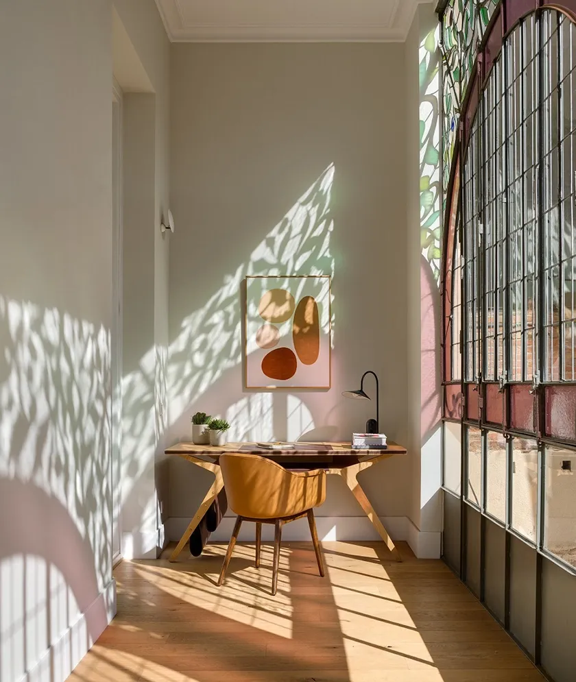 Rincón de trabajo de Casa Oller con escritorio de madera, silla mostaza, arte contemporáneo y luz natural filtrada por la vidriera.