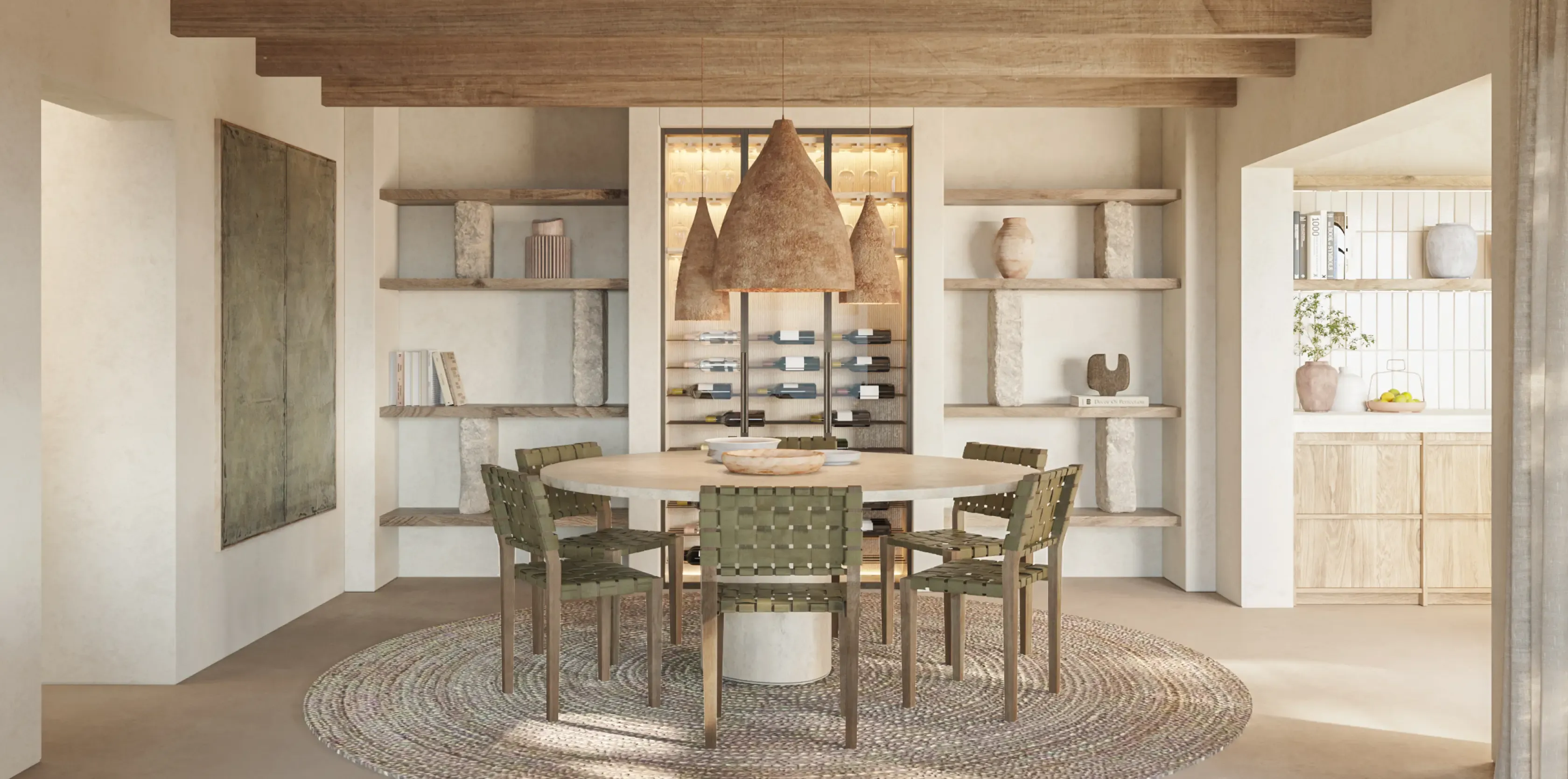 Warm dining area with rustic ceiling beams, round table and woven chairs in an elegant Mediterranean setting.