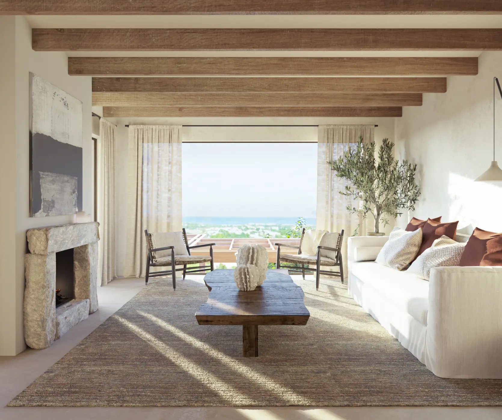 Bright living room with sea views, wooden beams and natural textures in a luxury coastal residence.
