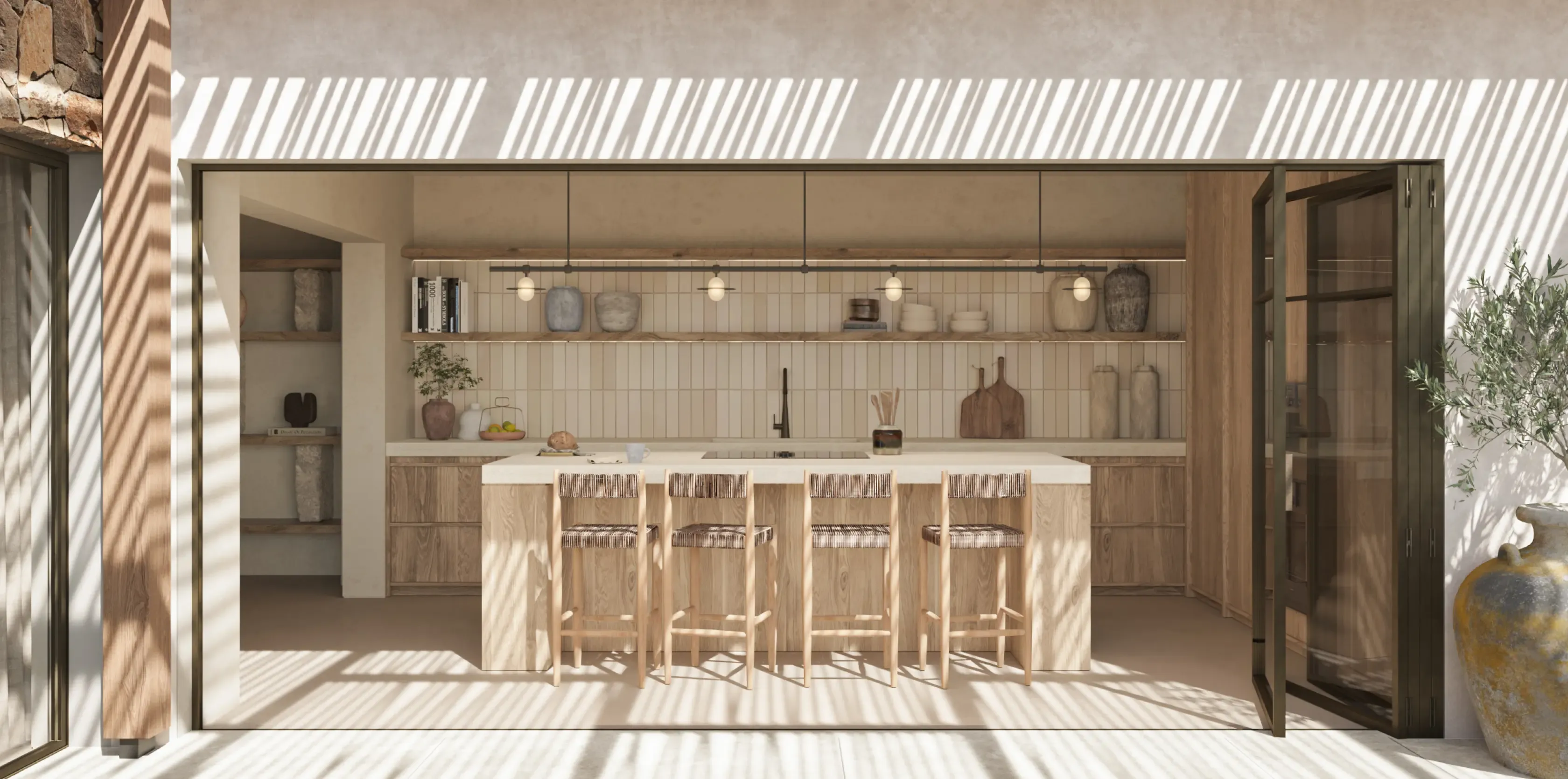 Minimalist open-plan kitchen with wooden finishes and soft natural light in a luxury Mediterranean home.