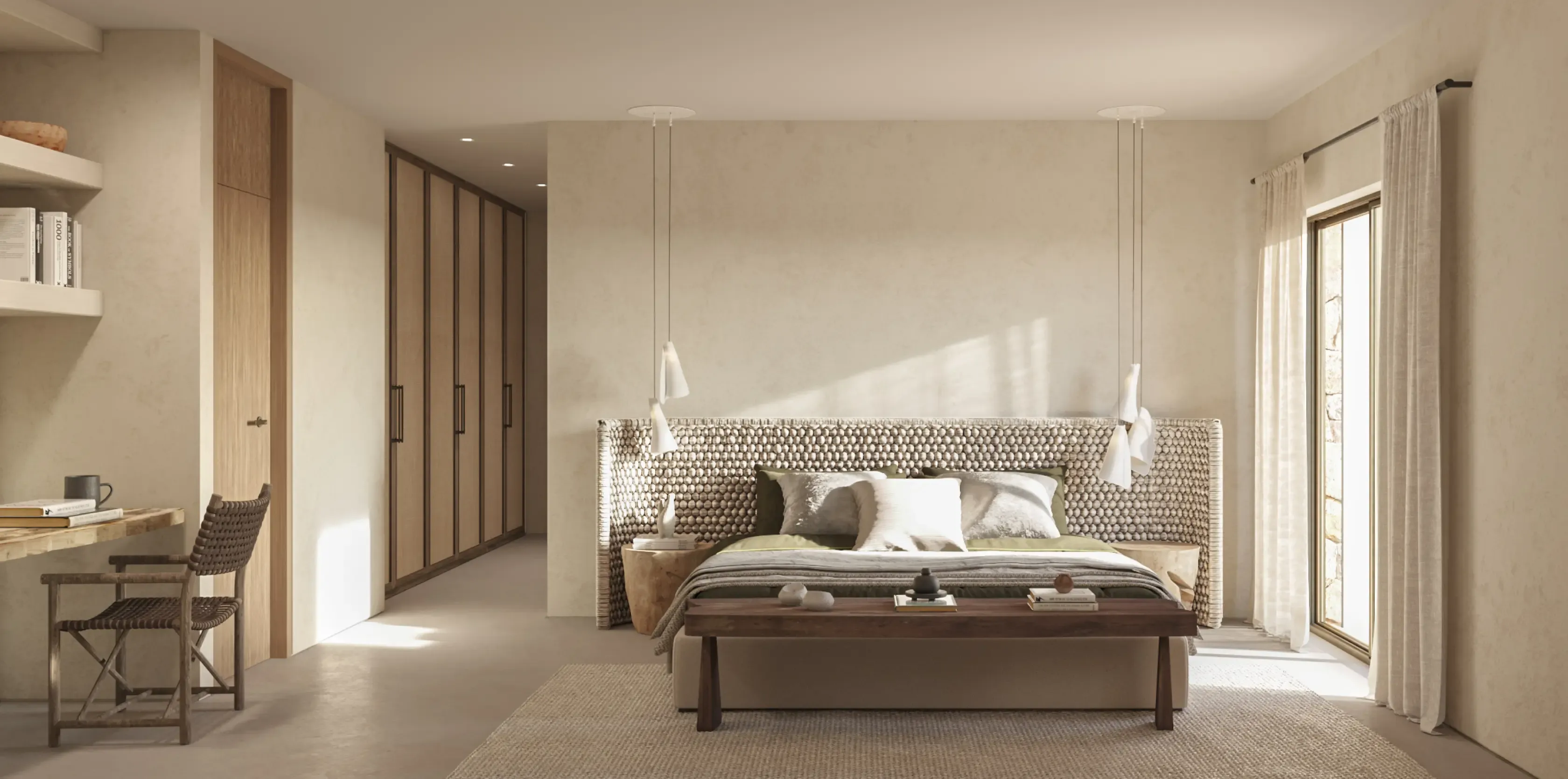 Serene bedroom with woven headboard and neutral tones in a contemporary Mediterranean villa.