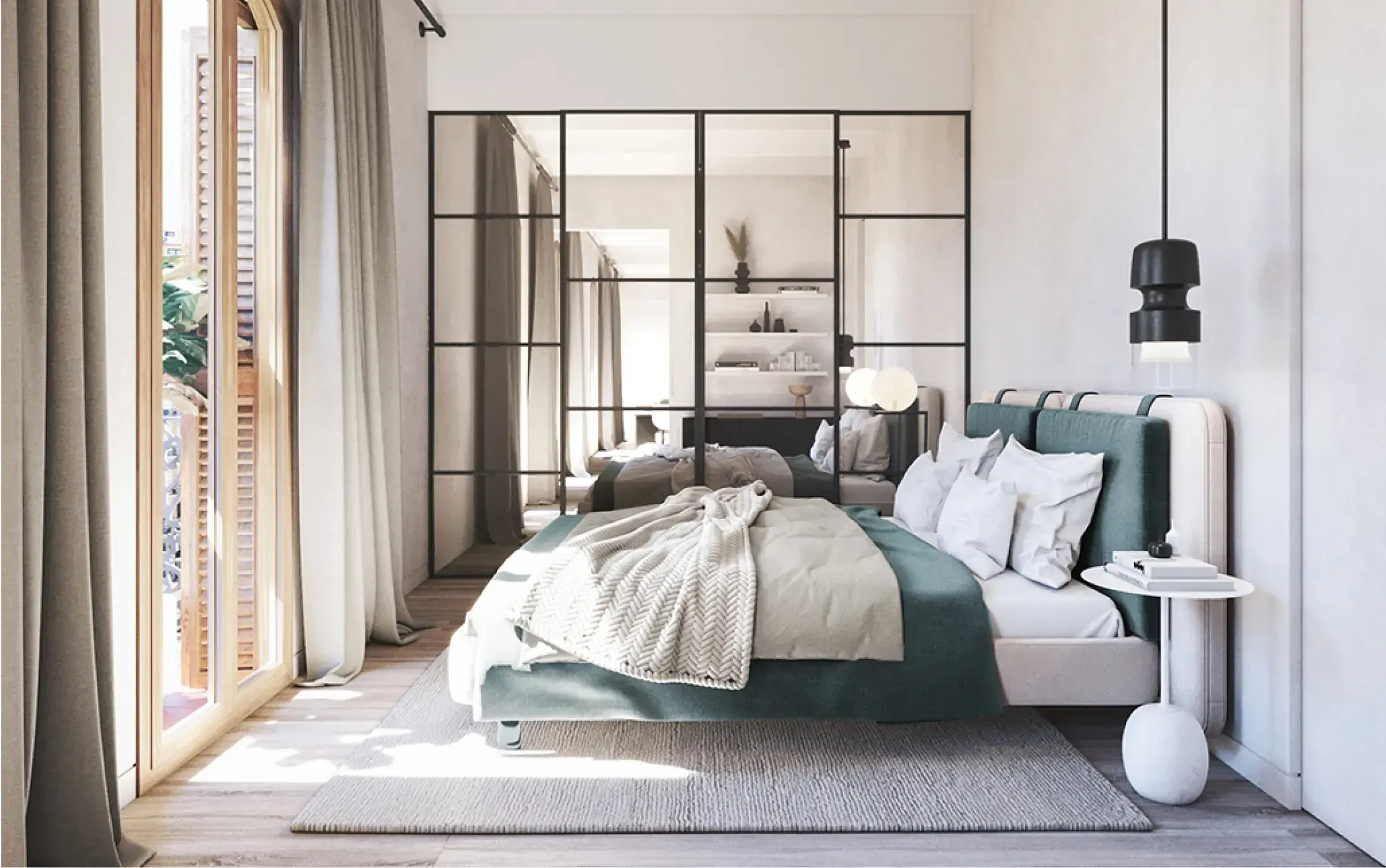 Bright luxury bedroom with glass partition and soft green accents by Luv Studio, located in Rambla Catalunya, Barcelona.