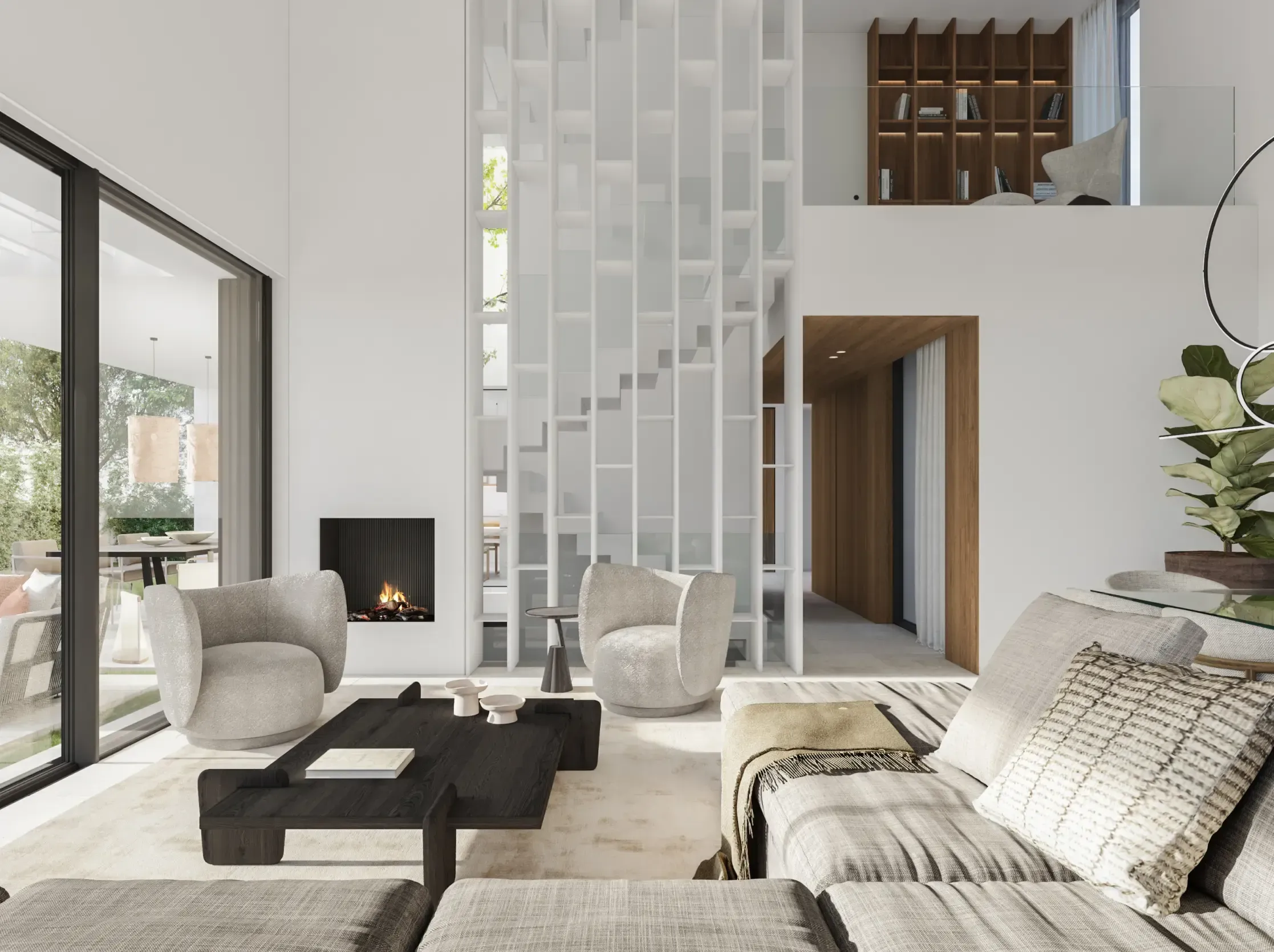 Double-height living area with sculptural staircase and designer furniture, reflecting Luv studio's architectural elegance.