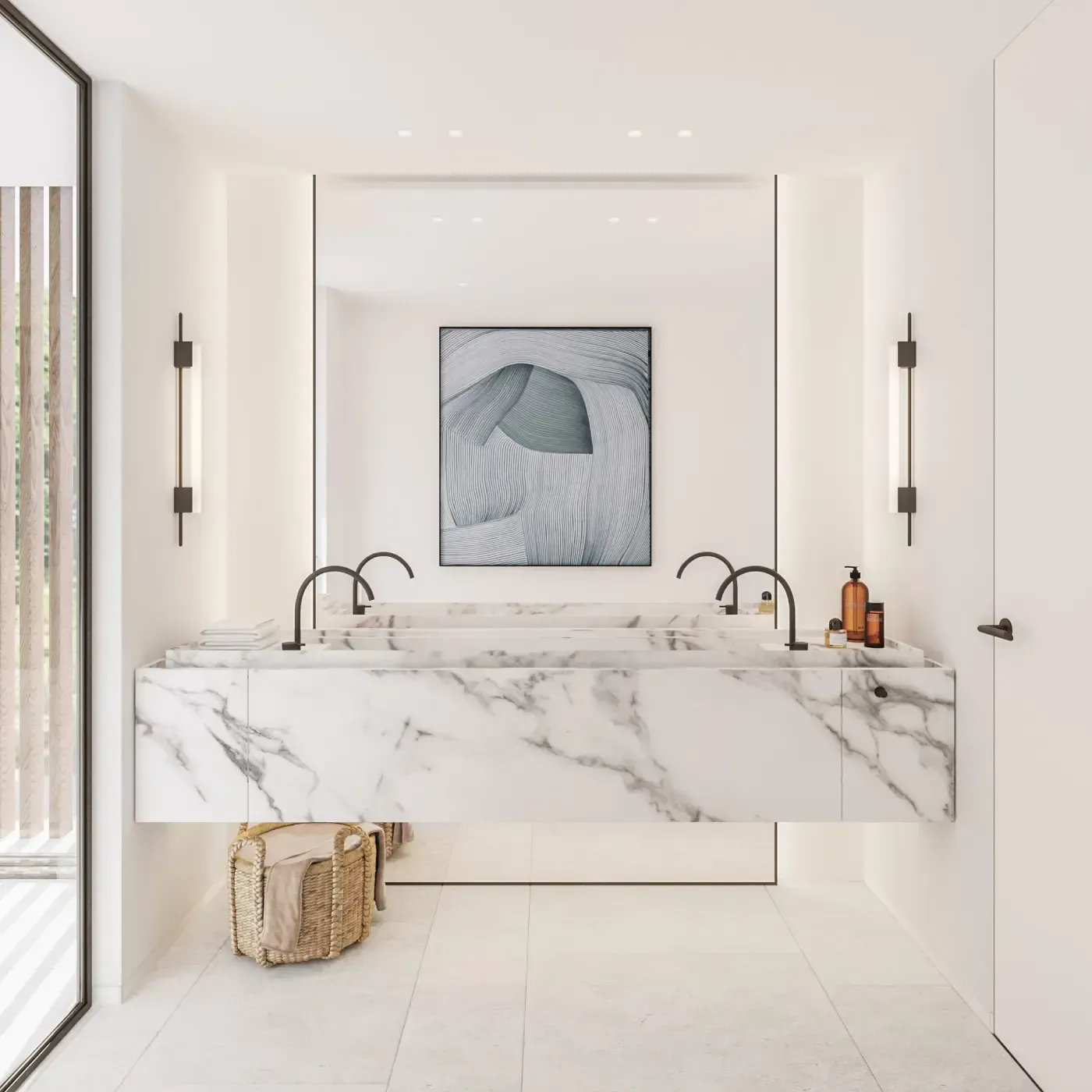 Elegant bathroom with floating marble double sink and modern lighting, part of a Luv studio luxury interior.