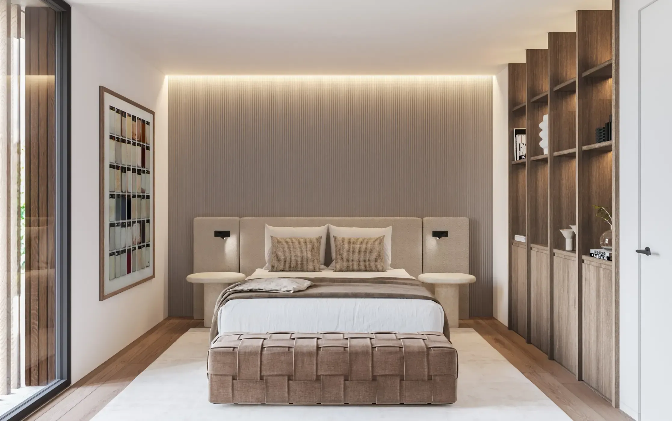 Serene suite with minimalist decor and earthy tones, designed for comfort by Luv studio.