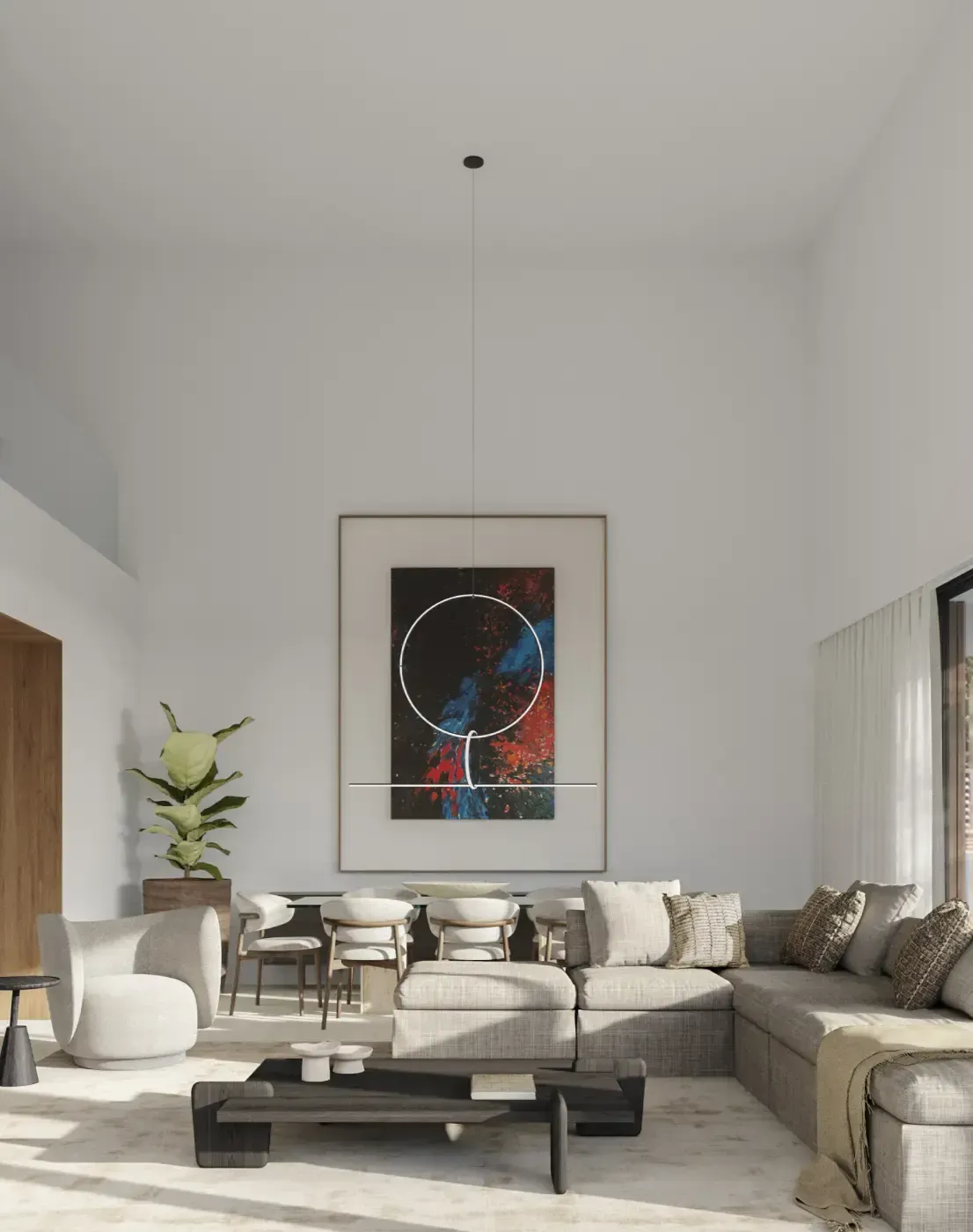 Bright living room by Luv studio with large sectional sofa and modern artwork in a luxury setting.