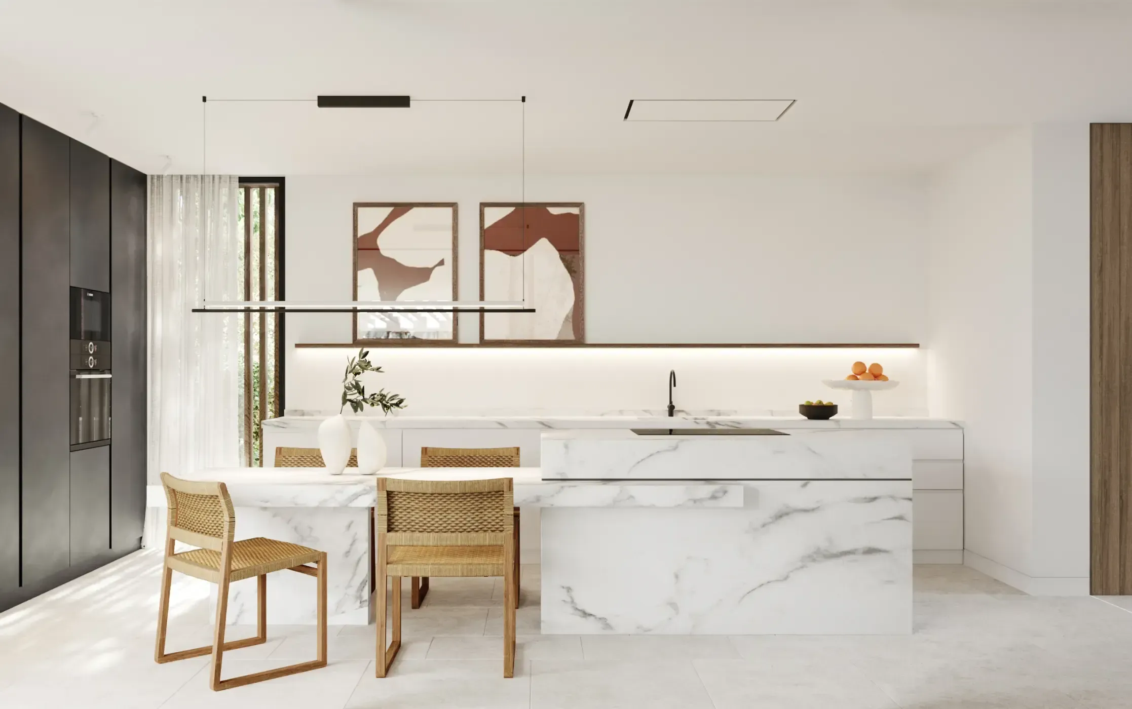 Contemporary kitchen with white marble island and minimalist cabinetry, designed by Luv studio.