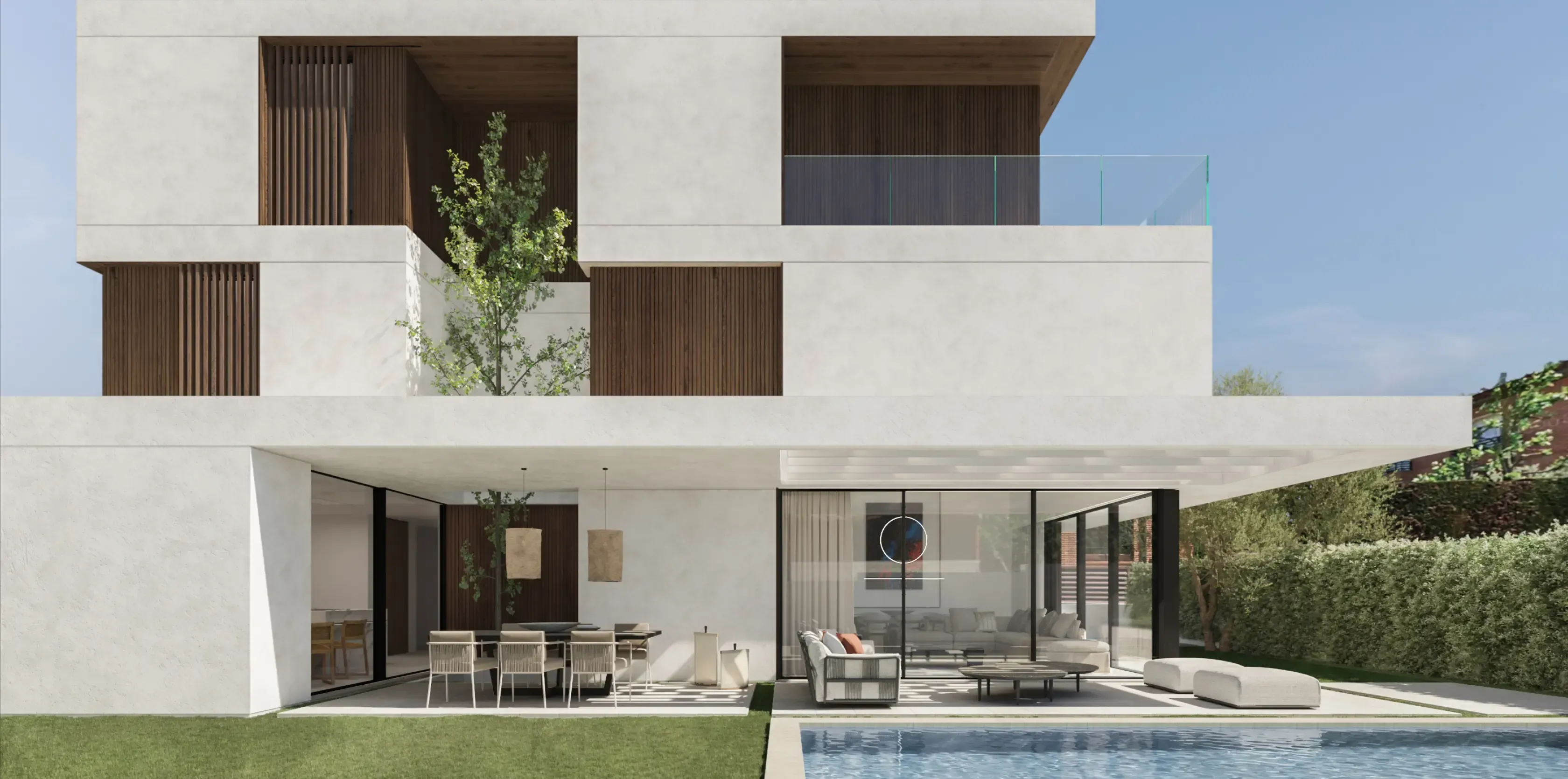 Backyard view of a Luv studio home with modern architecture, pool, and open-plan living areas.