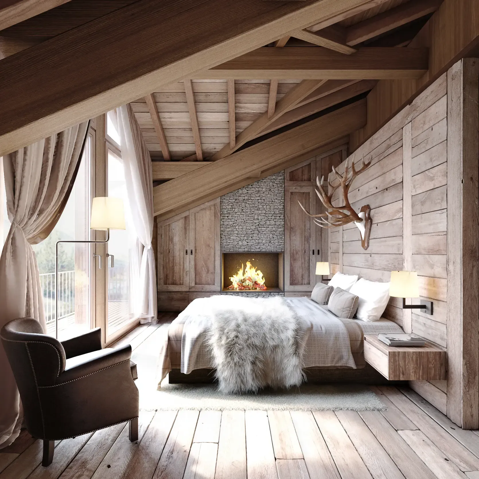 Bright version of chalet bedroom with fur throw and stone fireplace, crafted by Luv studio.