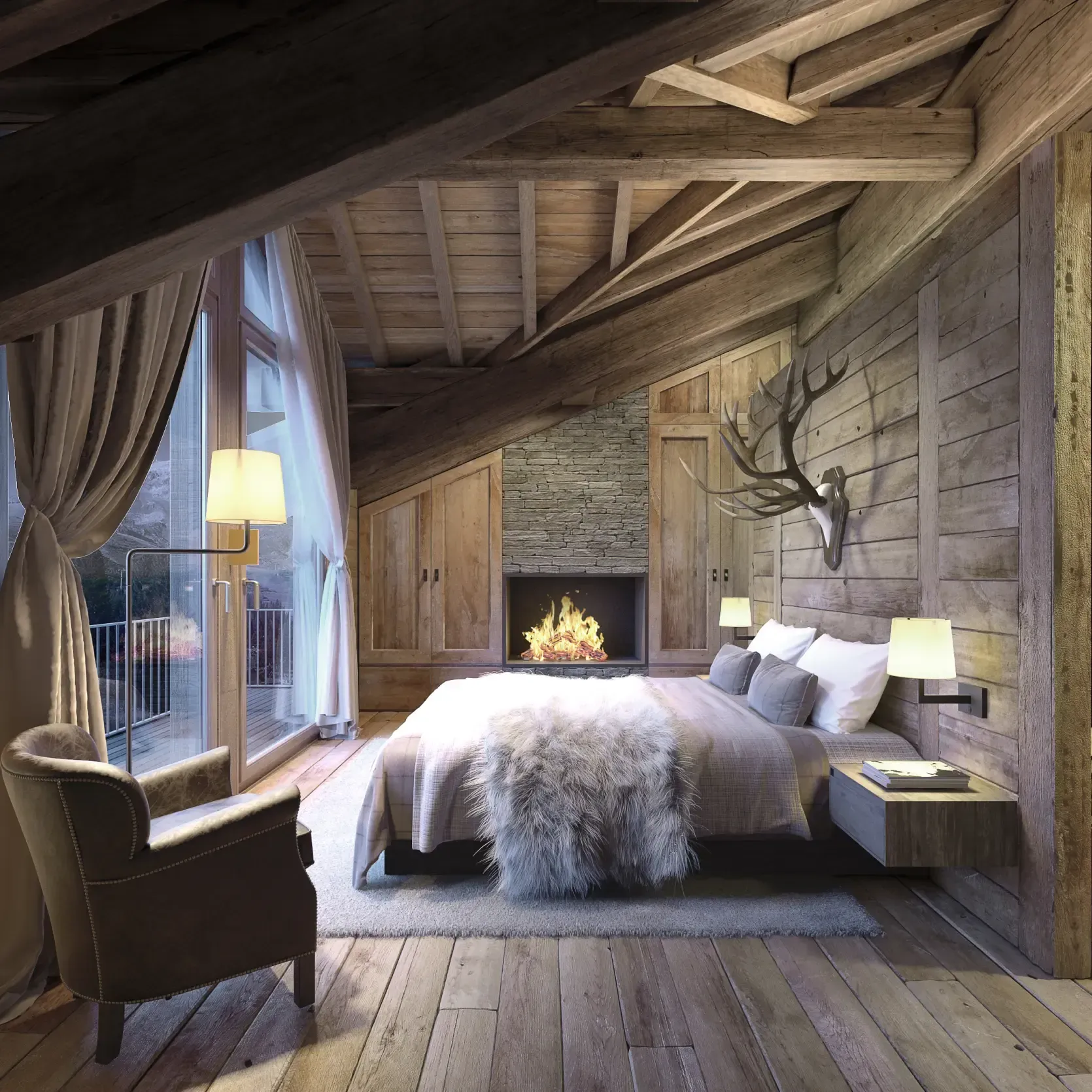 Elegant bedroom with fireplace and antler decor, blending rustic charm and luxury by Luv studio.