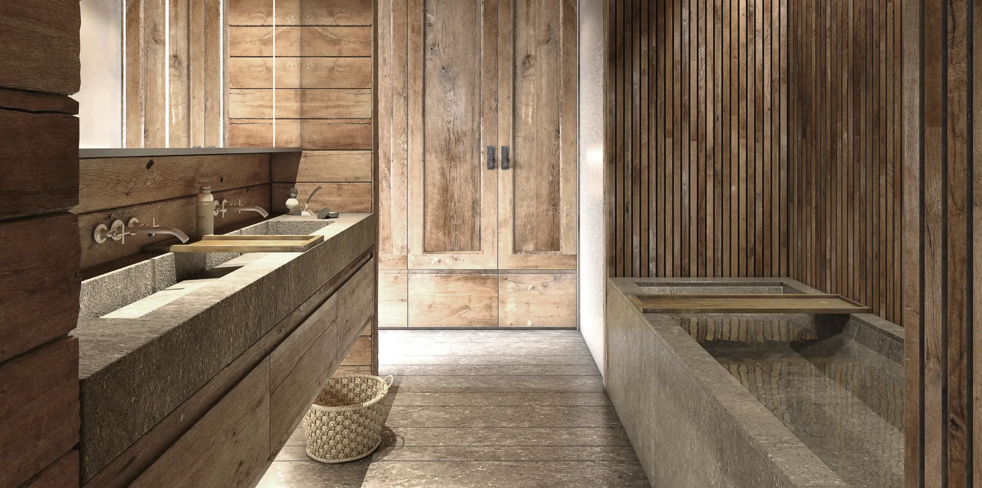 Rustic bathroom with stone sinks and wood paneling, designed by Luv studio with a luxury mountain aesthetic.