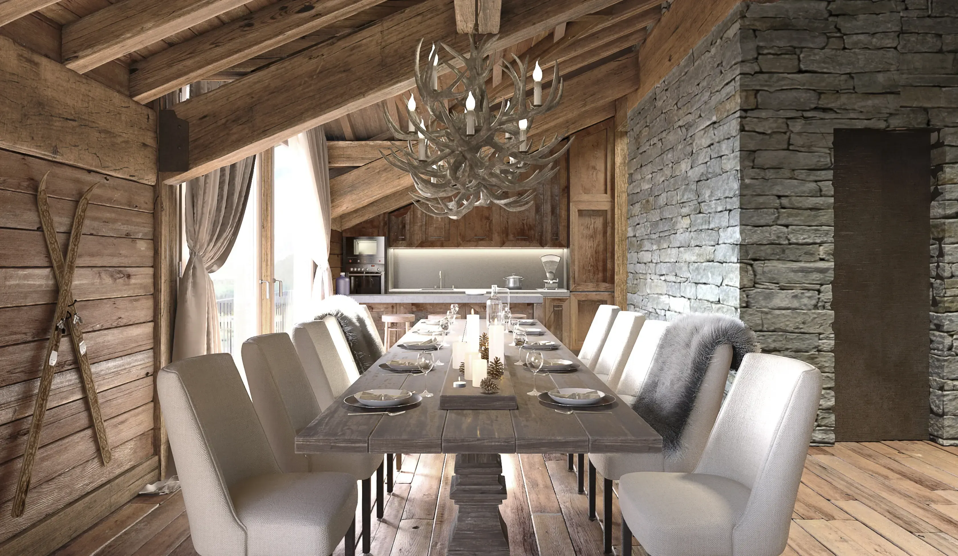 Cozy dining room with antler chandelier and wooden finishes, showcasing Luv studio’s alpine architecture.