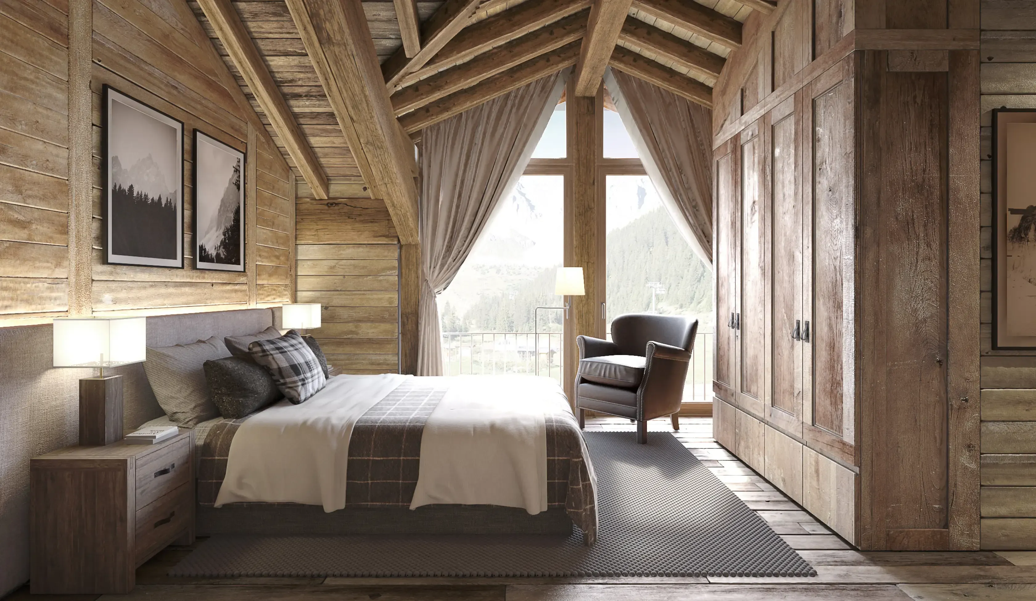Warm bedroom with natural wood textures and mountain views, designed by Luv studio.