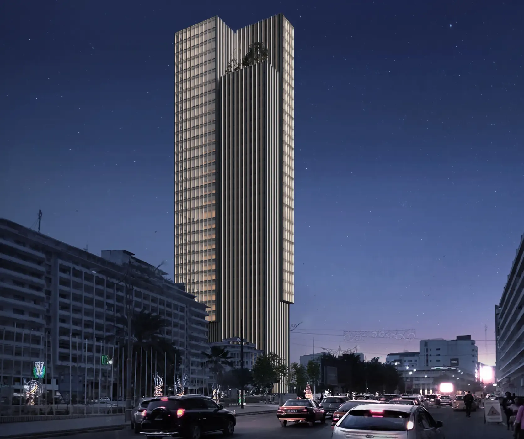 Night view of a modern high-rise tower with vertical lines, illuminated façade, and city street bustling with cars and lights.
