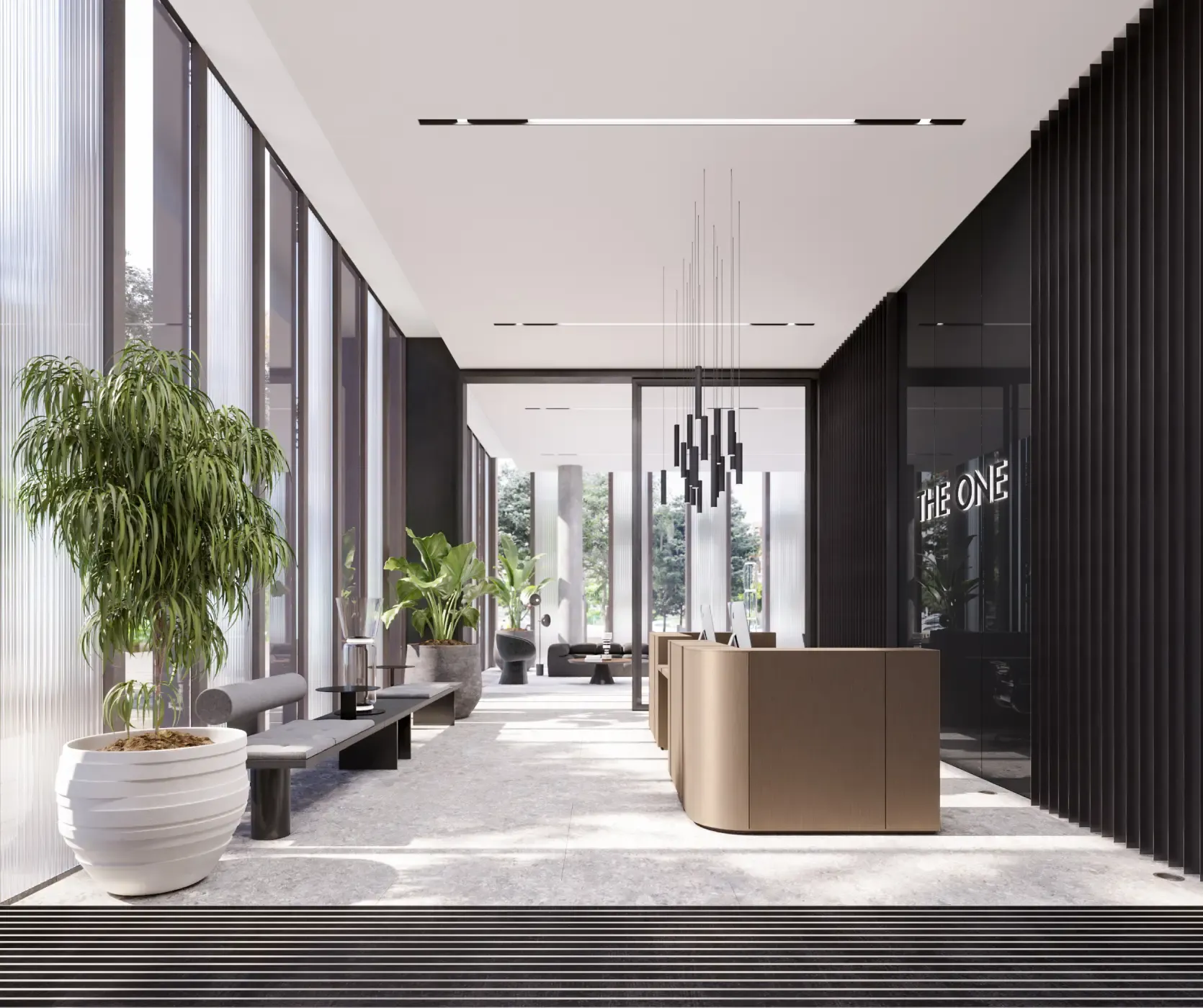 Contemporary office lobby with floor-to-ceiling windows, indoor plants, sleek reception desk, and minimalist black accents.
