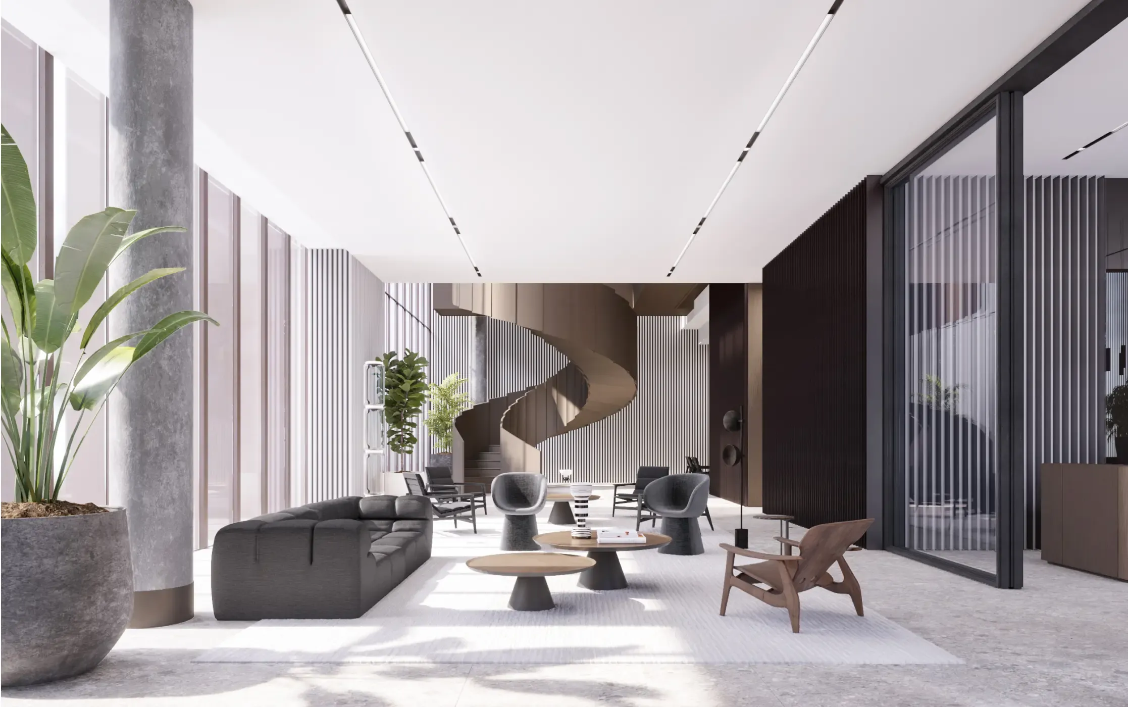 Refined lobby lounge with sculptural spiral staircase, modern furniture, large planters, and full-height glass walls letting in natural light.