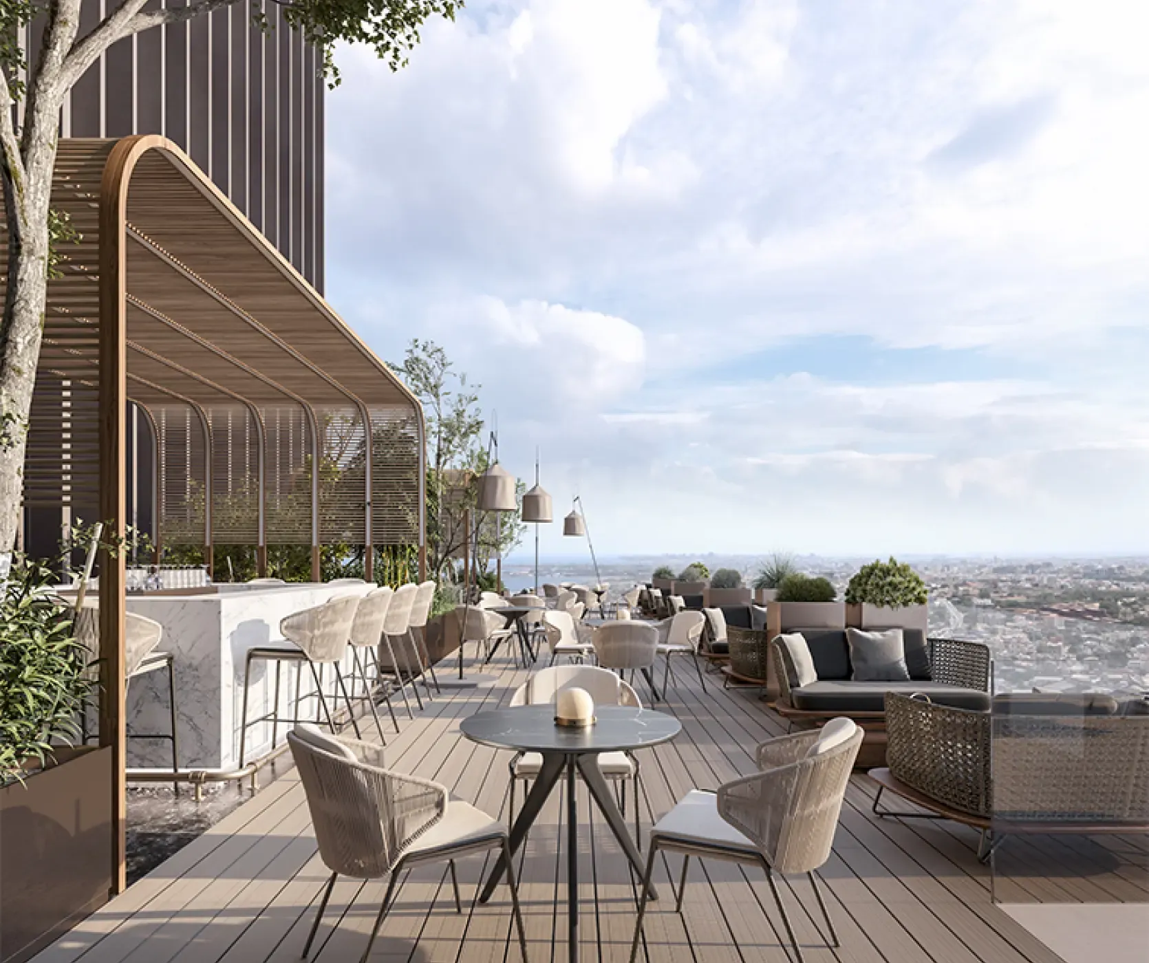 Daylight rooftop terrace with panoramic city views, marble bar, wooden canopy, and stylish outdoor furniture.