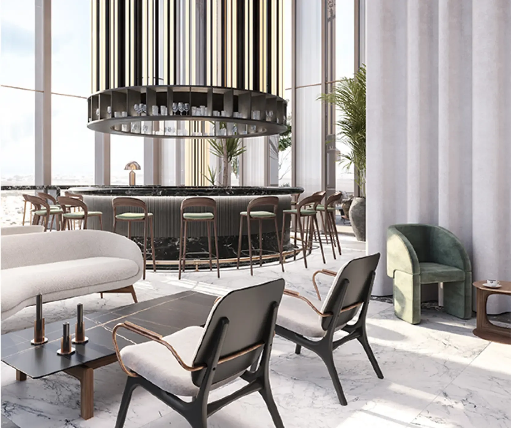 Skybar interior with cozy seating, reflective ceiling, and a sculptural round bar illuminated by dramatic vertical lighting.