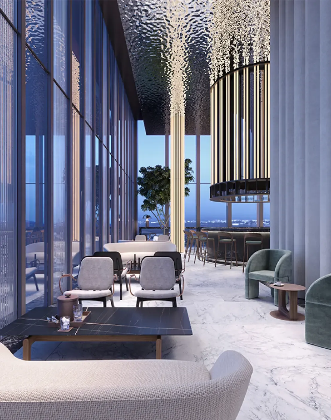 Sophisticated skybar lounge with panoramic views, marble floors, velvet armchairs, and a dramatic circular lighting feature.