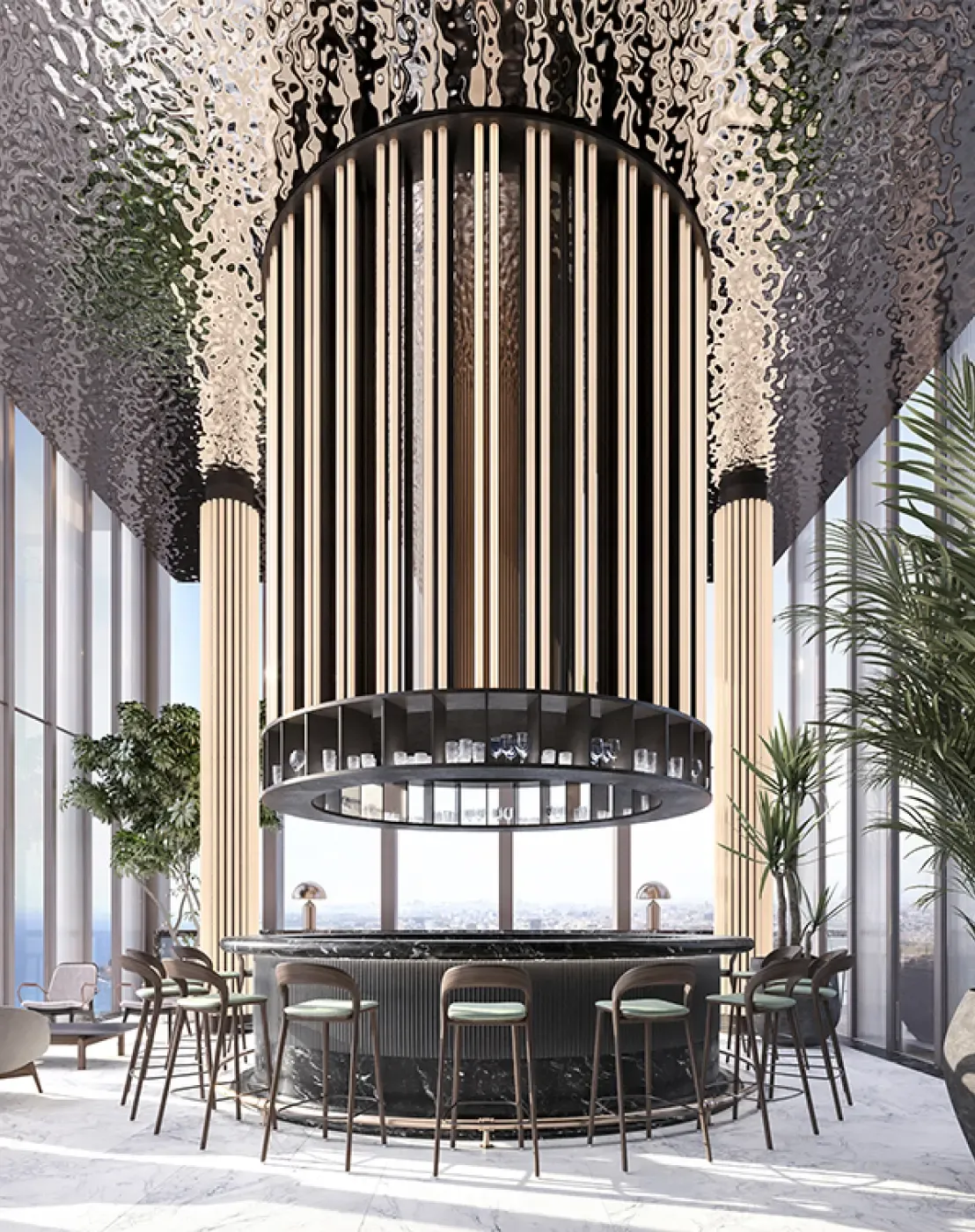 Central circular bar with black marble countertop, hanging vertical lights, and city skyline views through glass curtain walls.