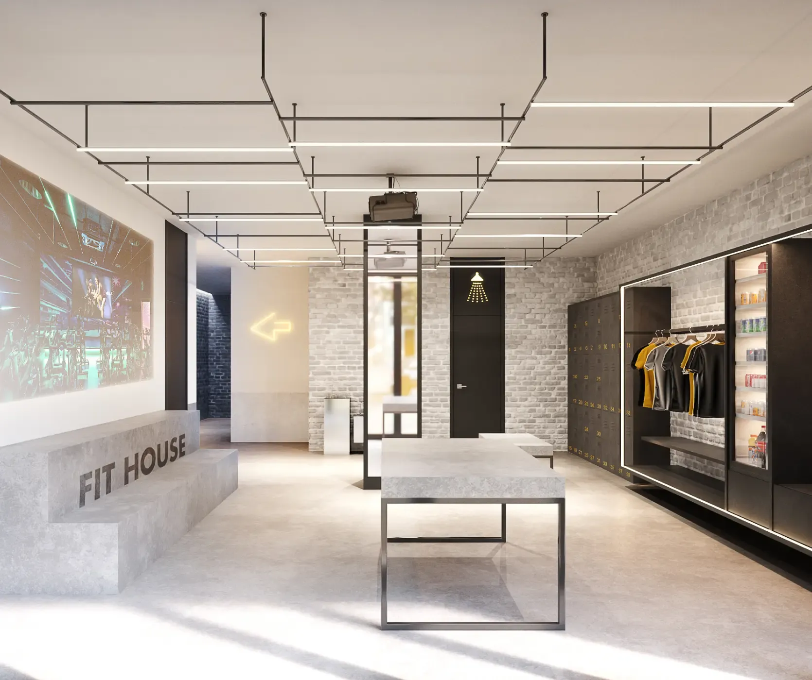 Minimalist gym reception area with concrete furniture, merchandise display, and locker rooms.