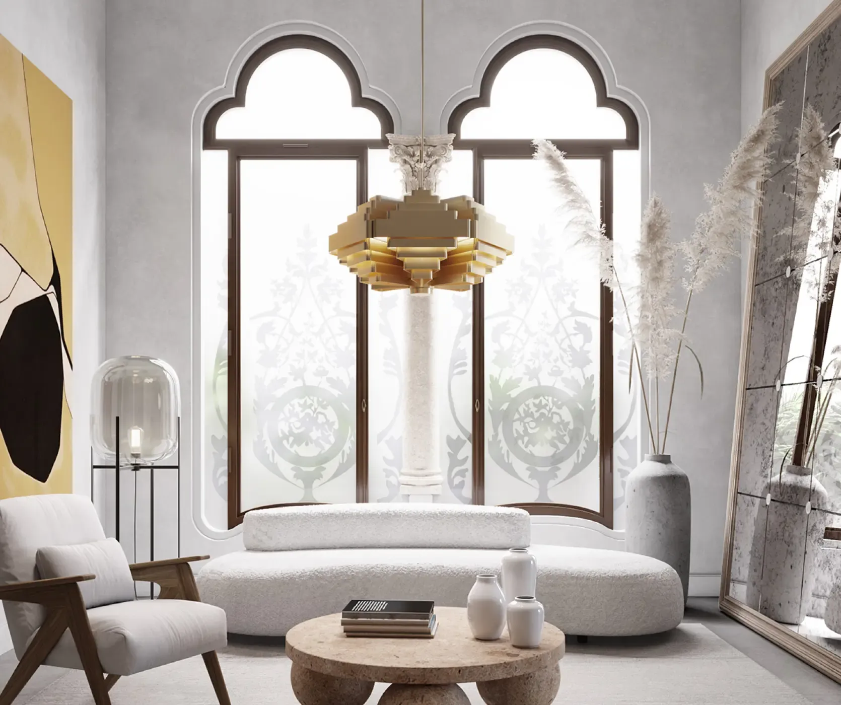 Bright sitting area with sculptural chandelier and modernist windows in luxury Barcelona apartment