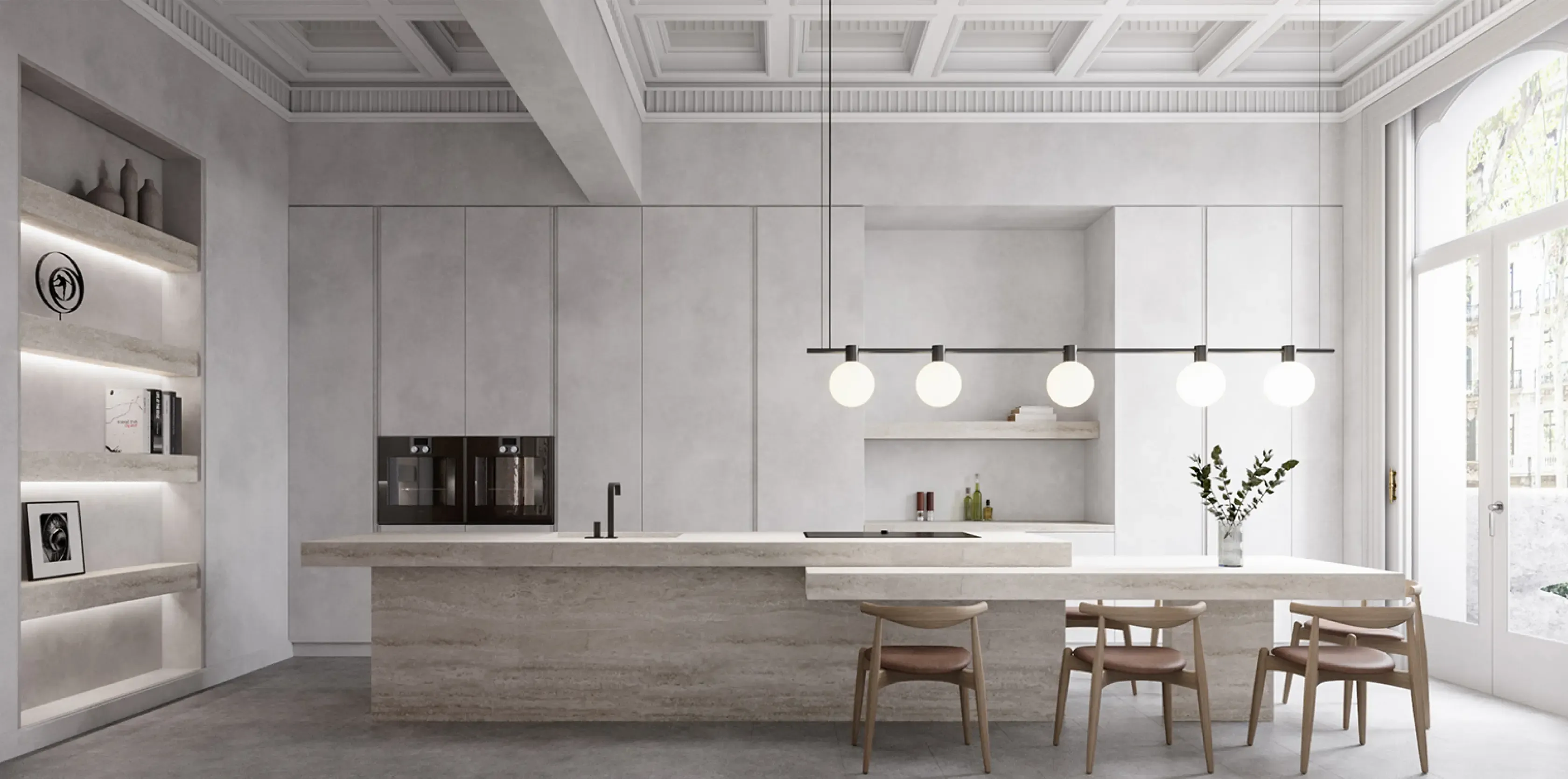 Minimalist open kitchen with island, pendant lights and natural stone finishes