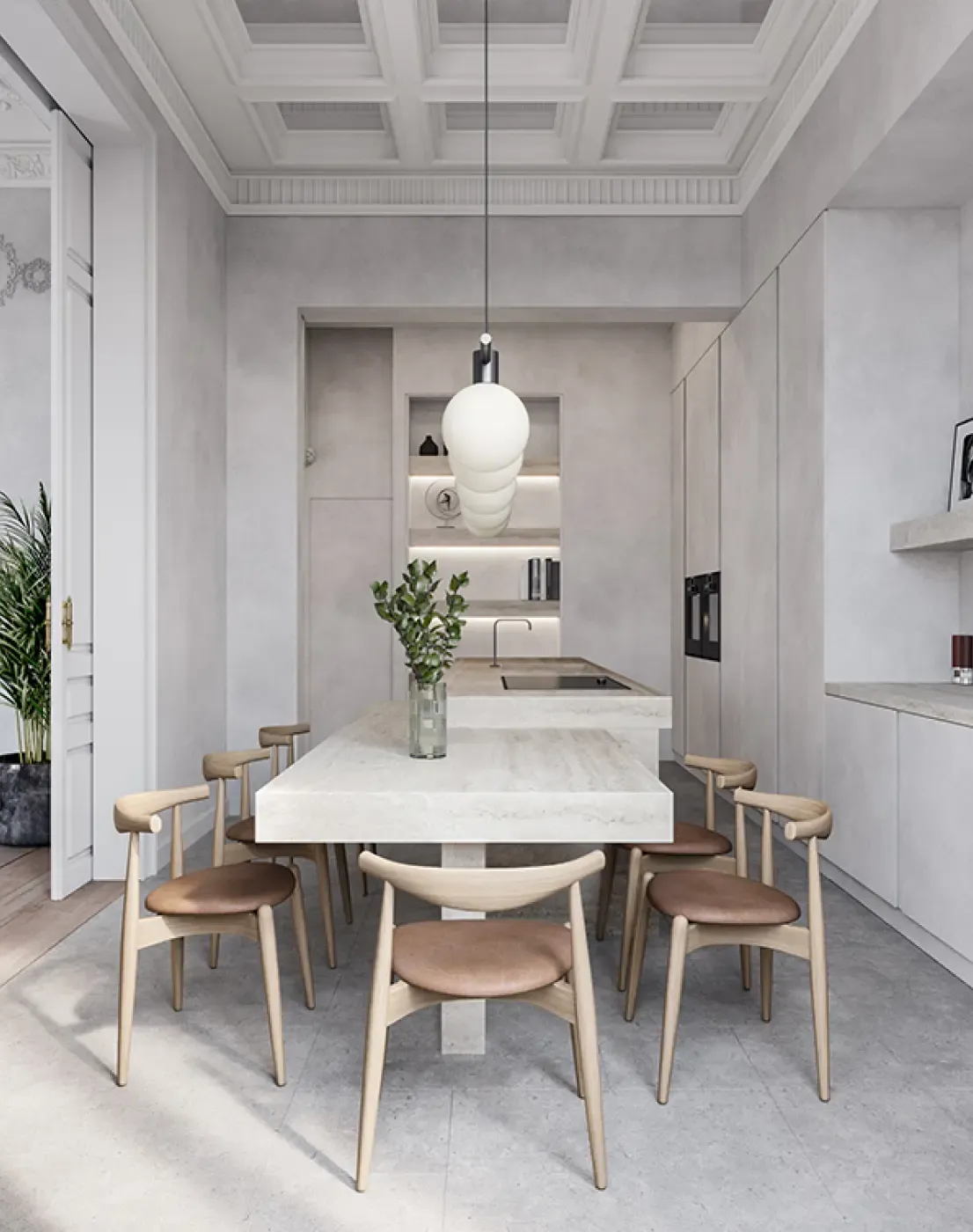 Contemporary kitchen with integrated lighting and wood-accented furniture