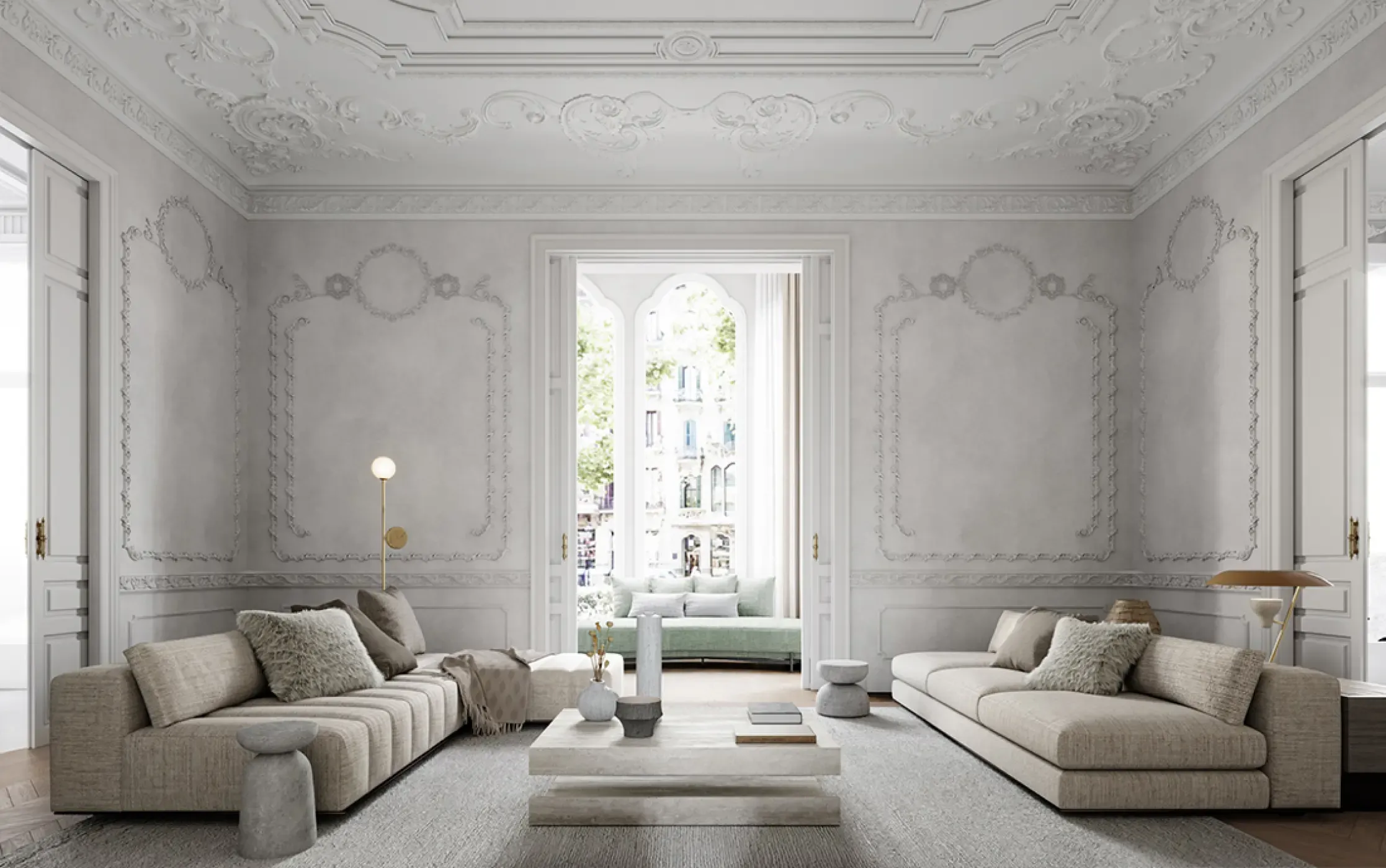 Classic living room with symmetric layout and high-end design in Gran Via Apartment