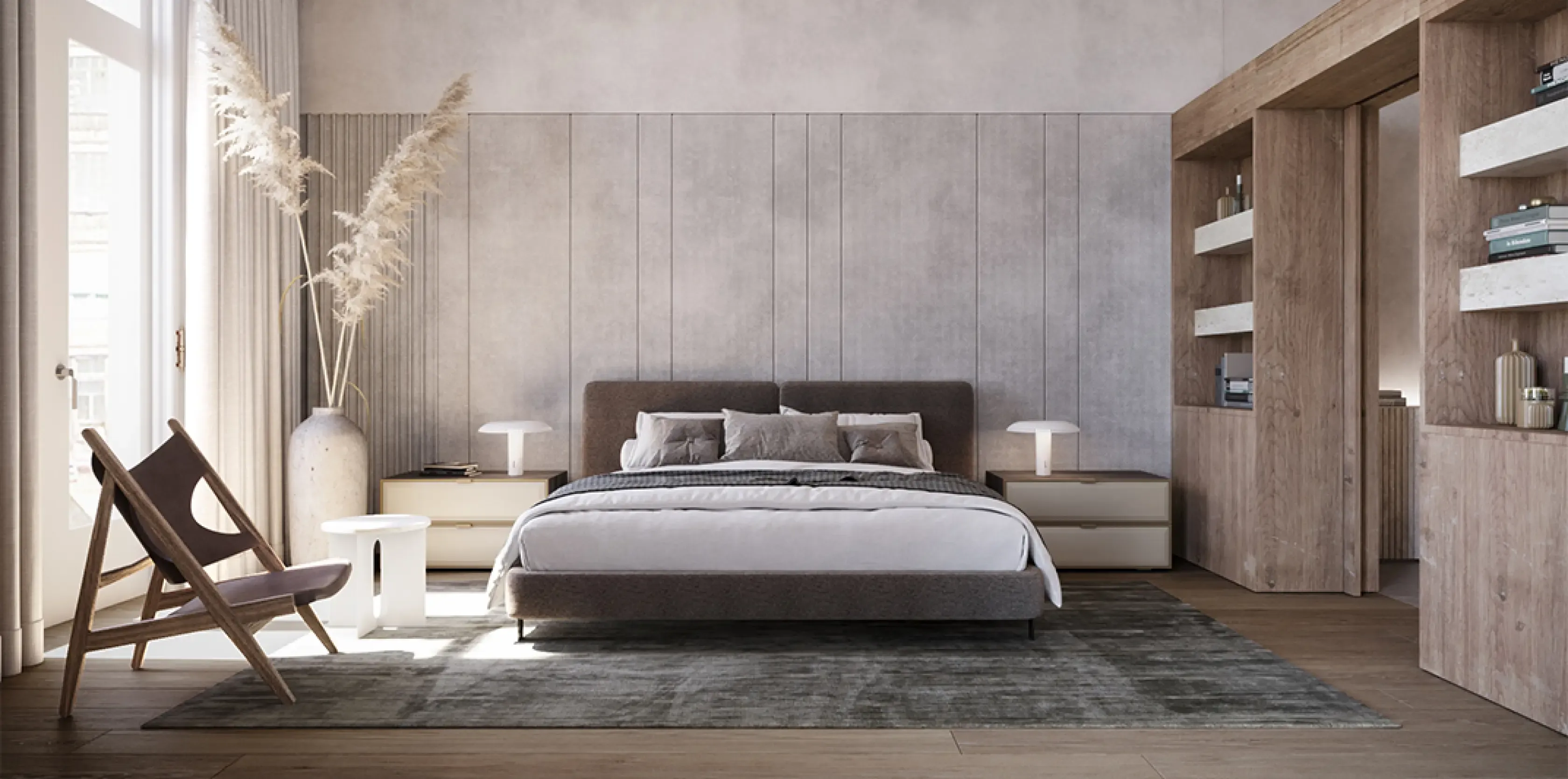 Cozy bedroom with neutral tones, built-in wood shelves and large windows