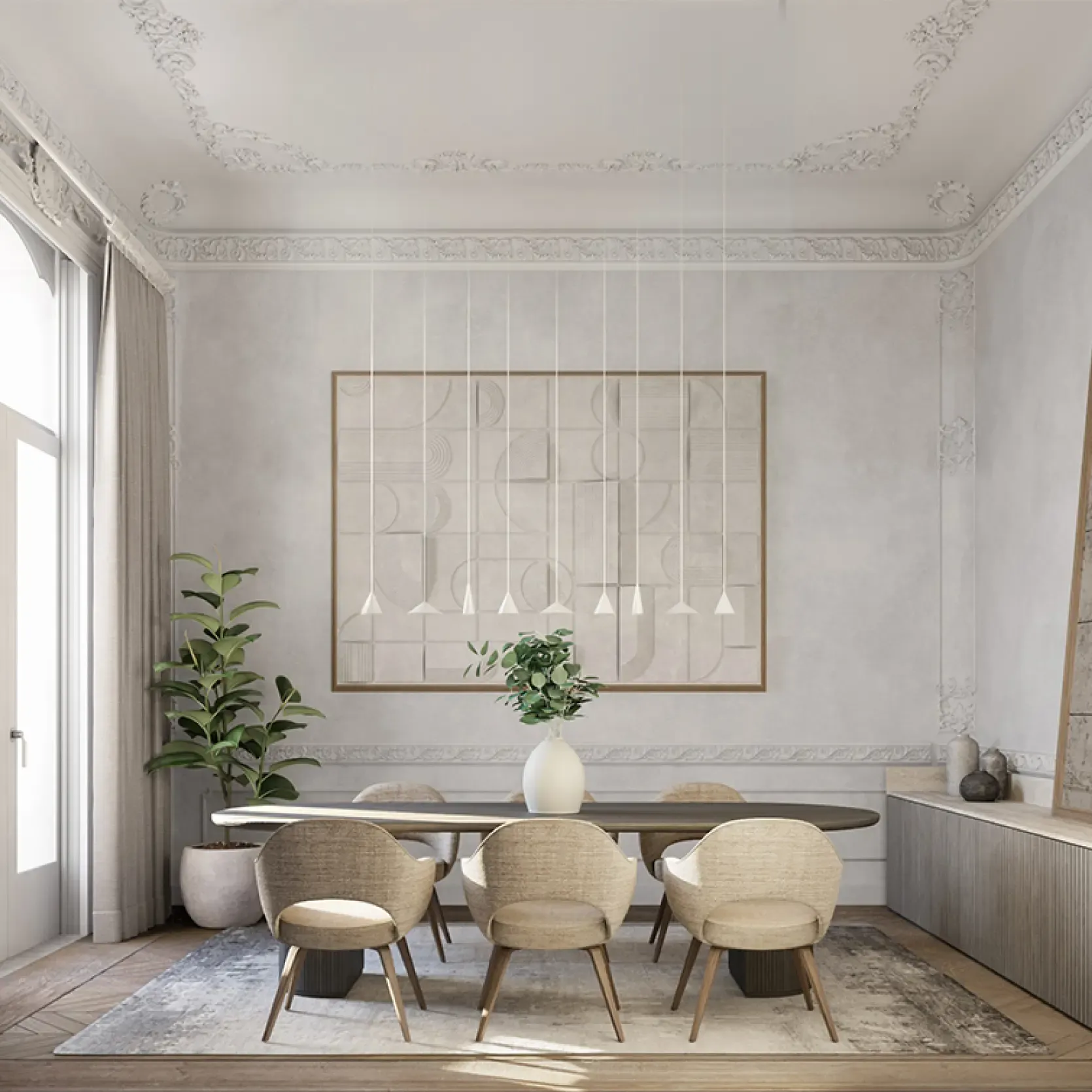 Sophisticated dining room with natural light, elegant décor and textured ceiling details