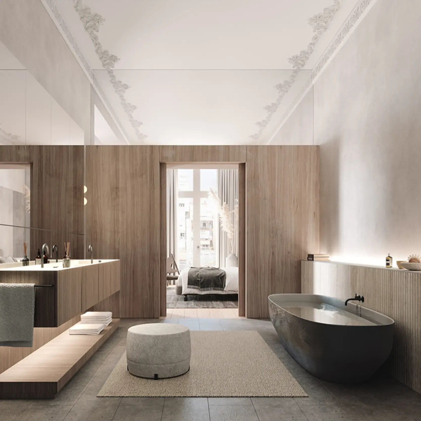Modern bathroom with freestanding bathtub, wood panels and natural light