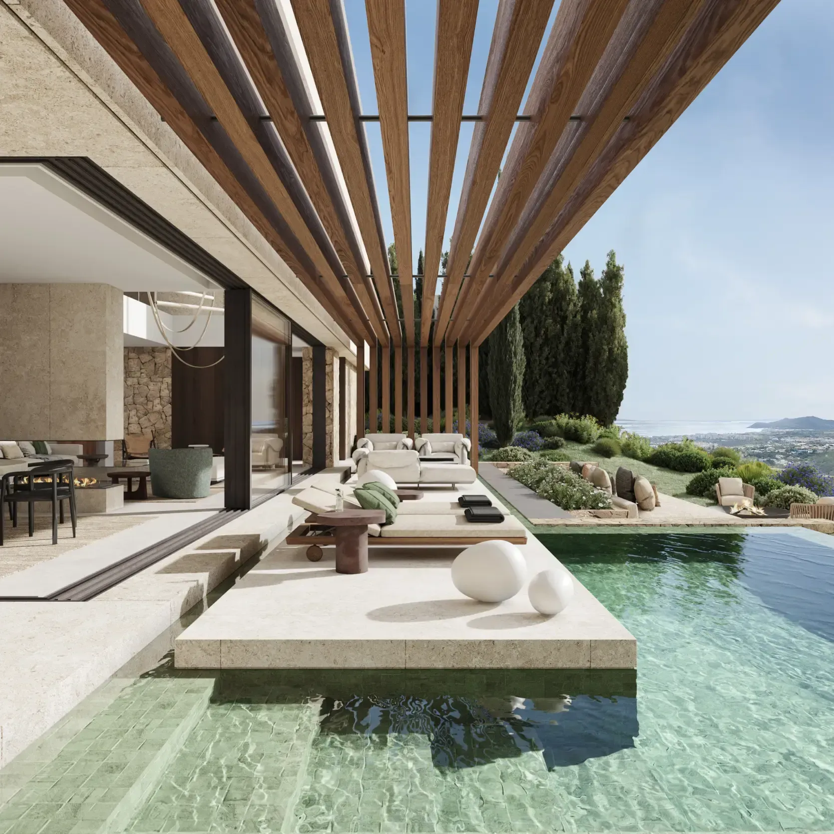 Side view of the porch with exposed wooden beams, loungers, and panoramic views.