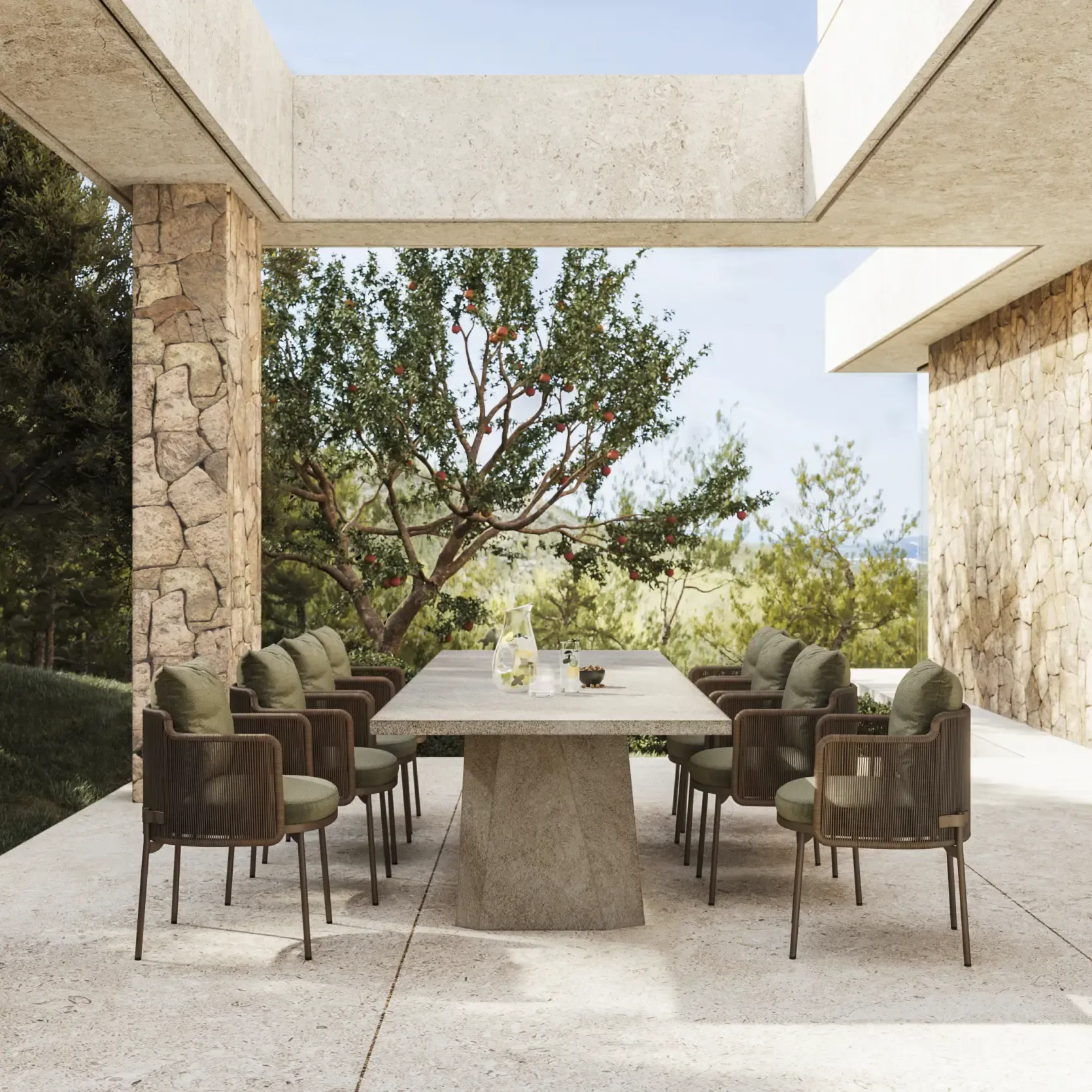 Outdoor dining space with a sculpted stone table and elegant chairs under open sky.