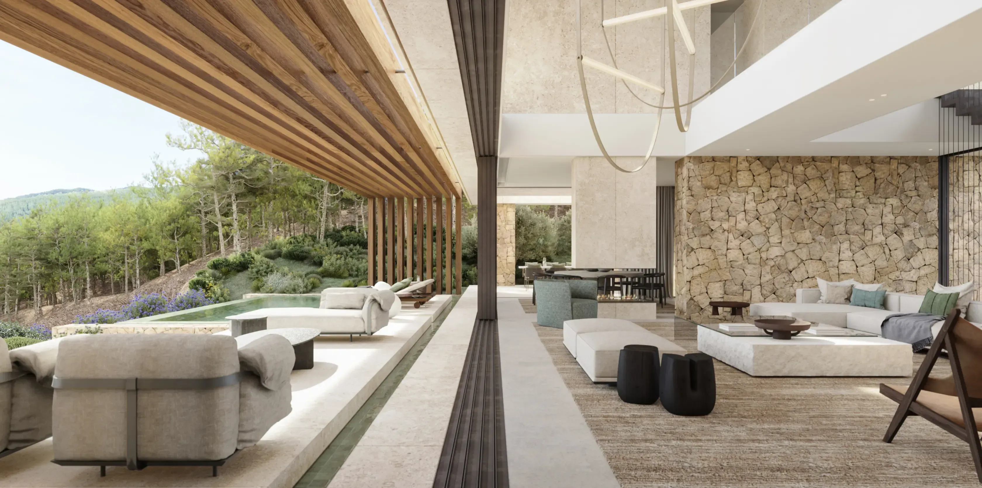 Seamless indoor-outdoor connection with open sliding glass doors and natural finishes.