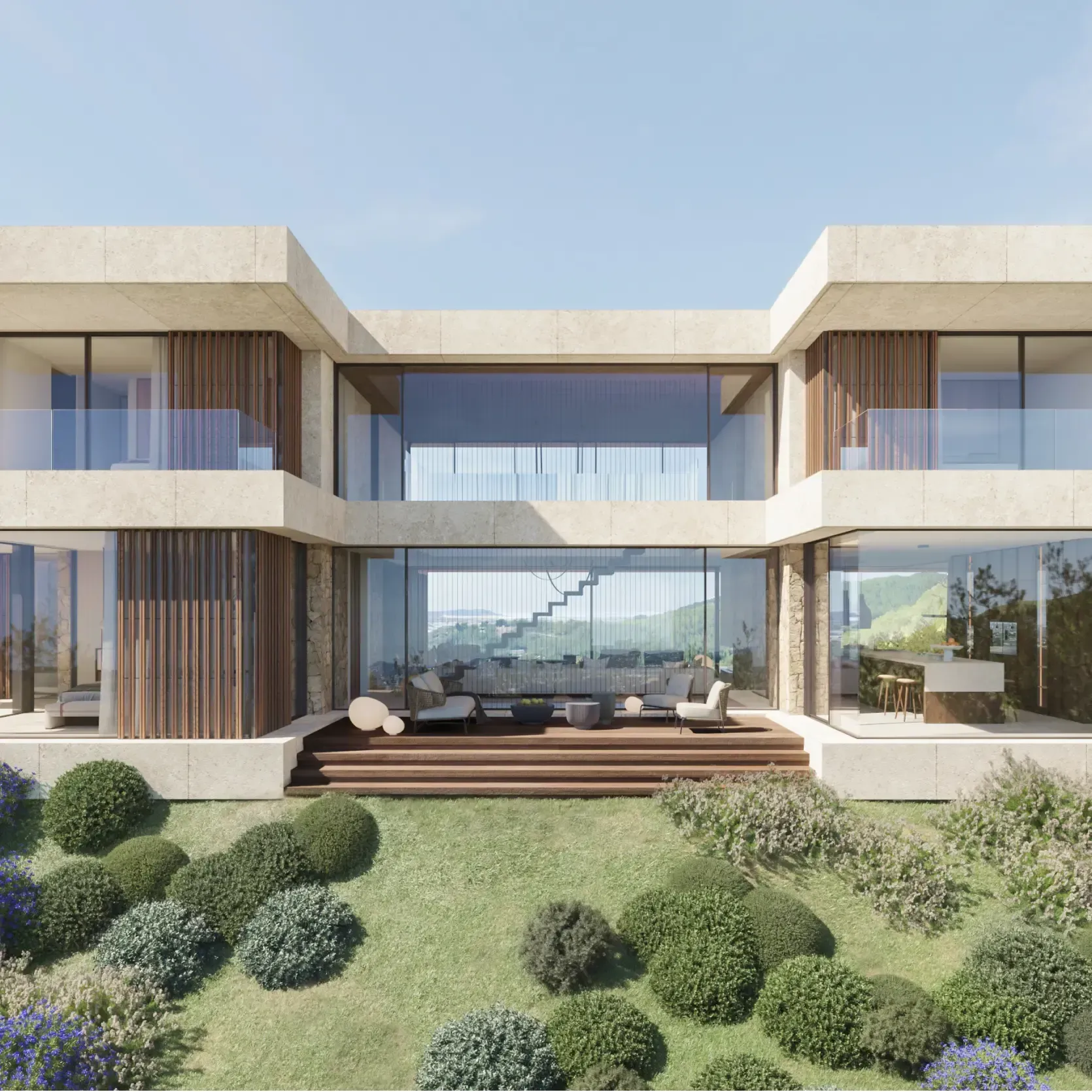 Rear façade of a contemporary villa with large glass panels and integrated nature views.