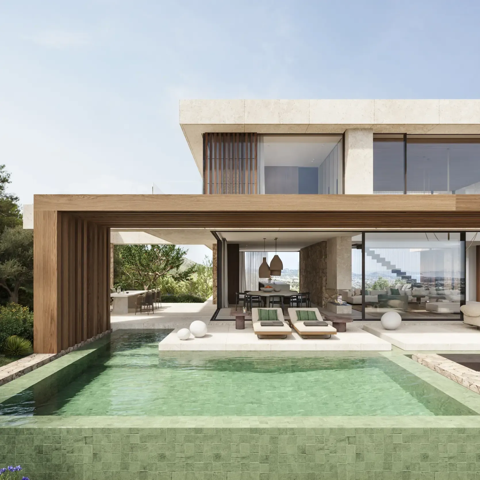 Infinity pool with sun loungers under a wood pergola, blending modern design and nature.