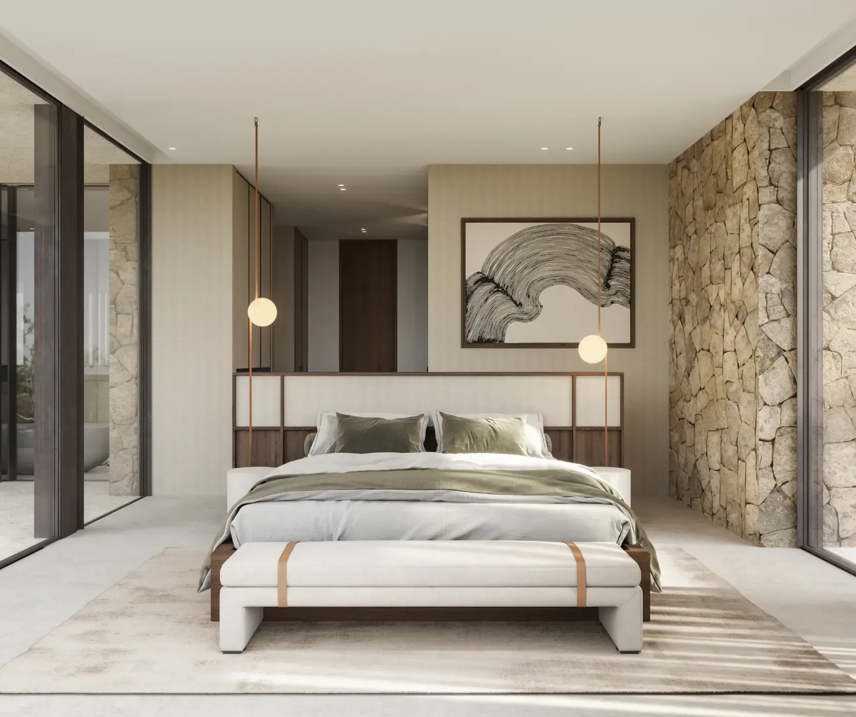 Master bedroom suite with soft tones, stone textures, and floor-to-ceiling windows.