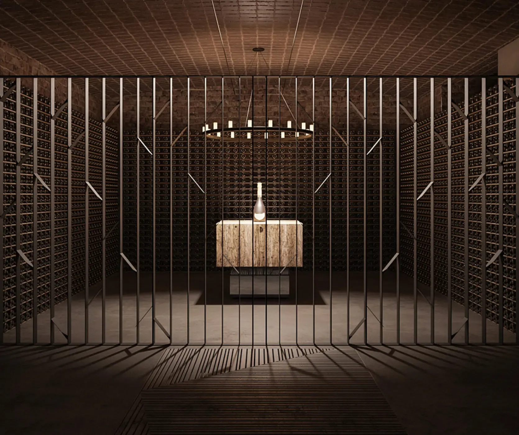 Private cellar vault with dramatic lighting and a single bottle displayed behind vertical metal bars.